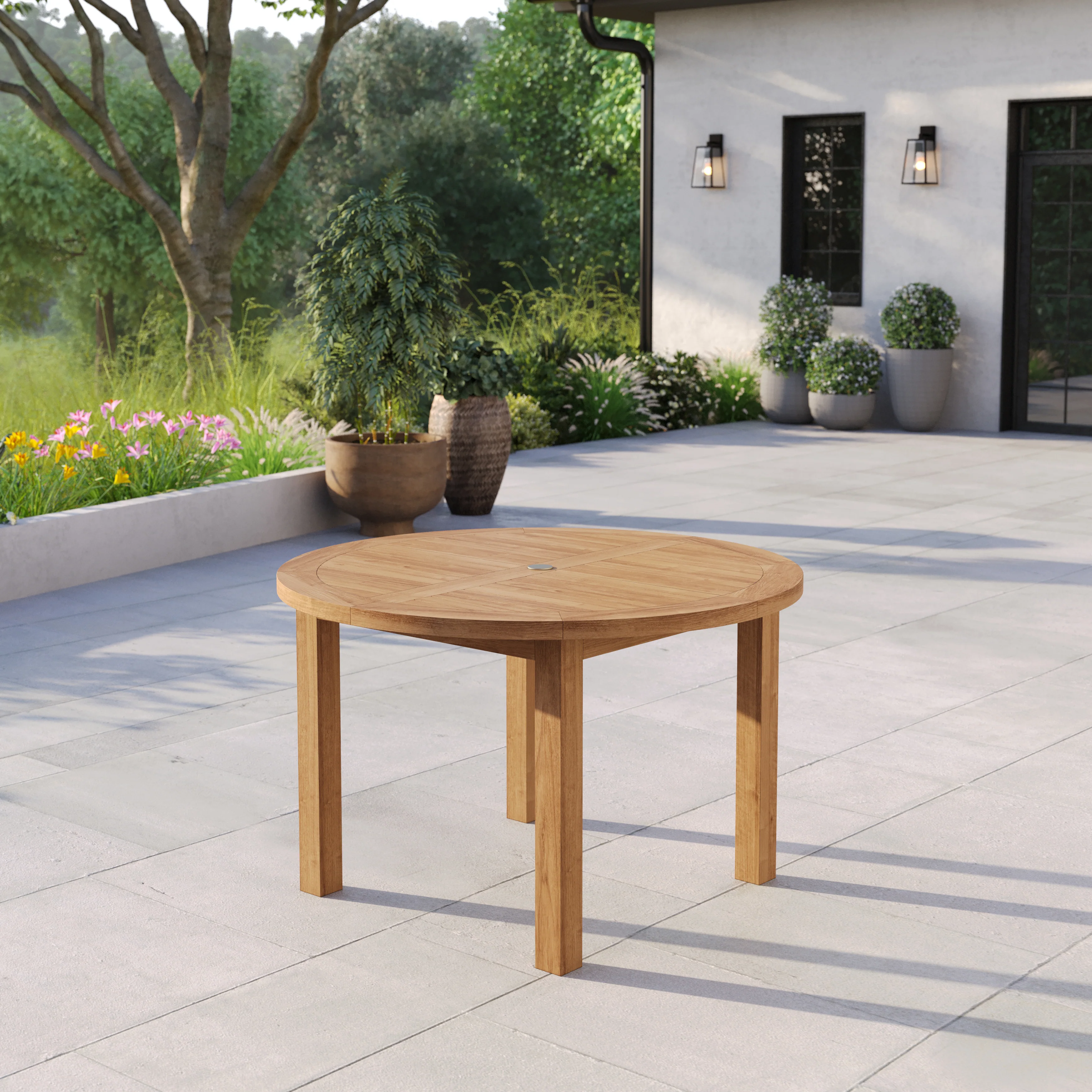 120cm Round Teak Garden Dining Table – Maximus 4cm Top