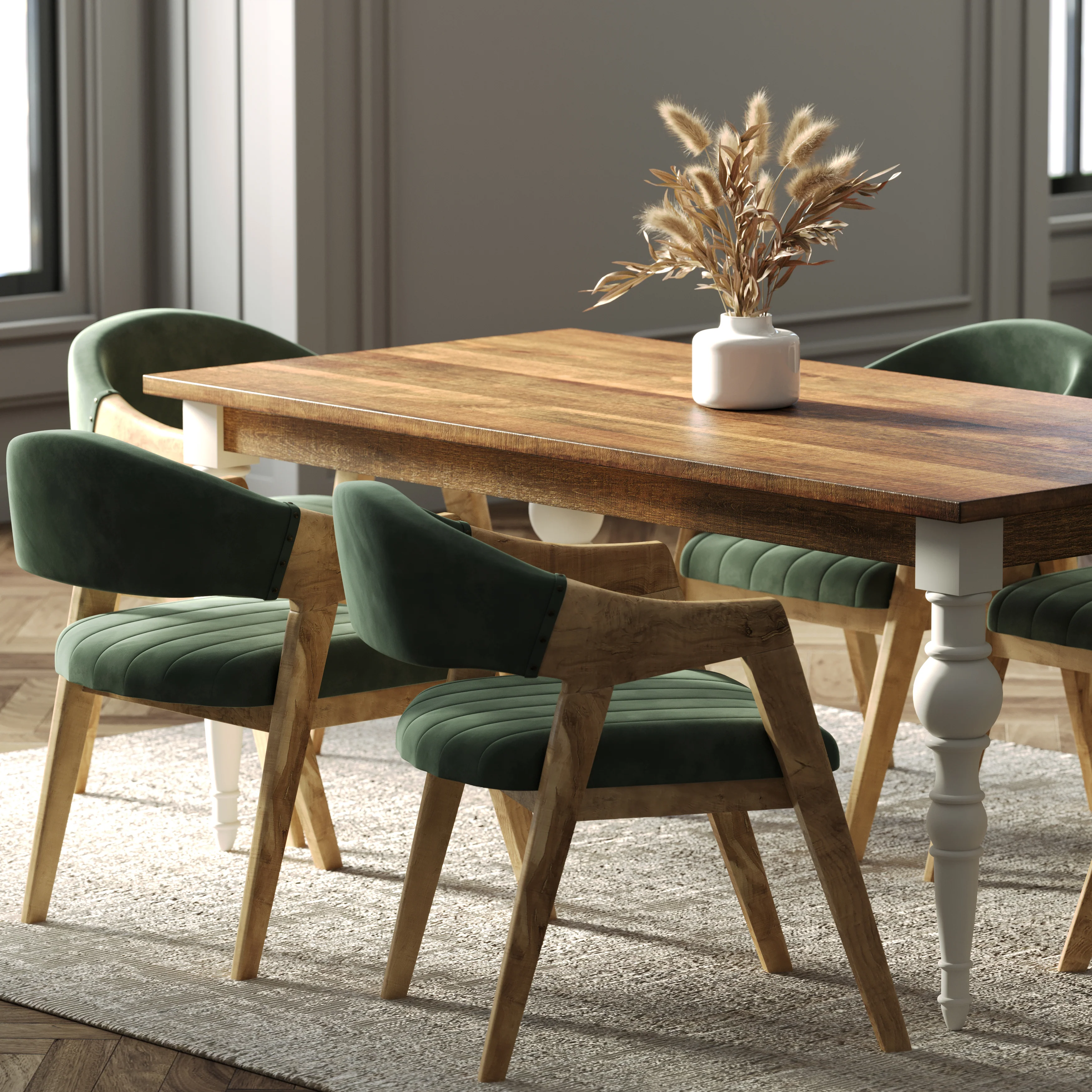 180cm Rectangle Solid Wood Table and Ornate White Legs with 6 Marquess Green Velour Chairs. - Image 3