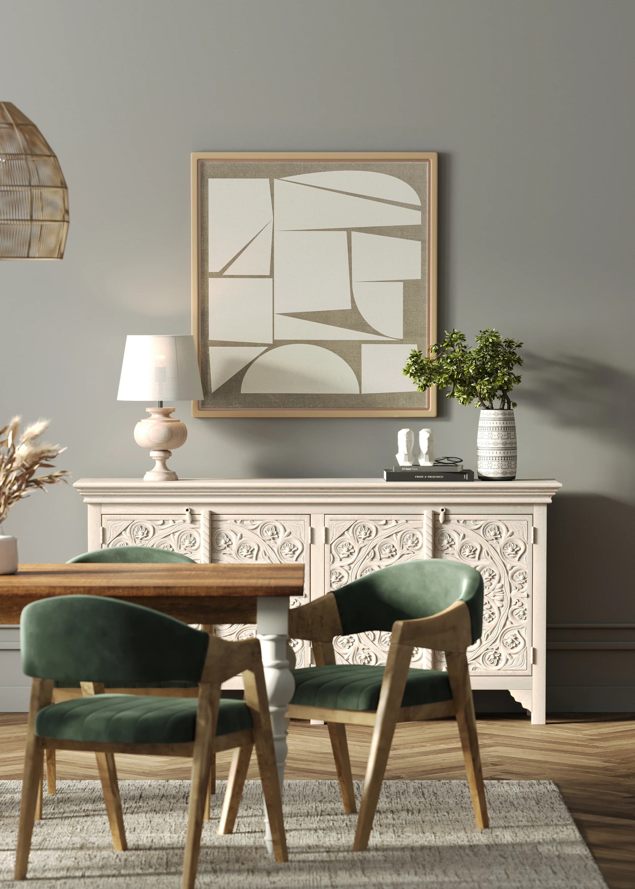 180cm Rectangle Solid Wood Table and Ornate White Legs with 6 Marquess Green Velour Chairs. - Image 4