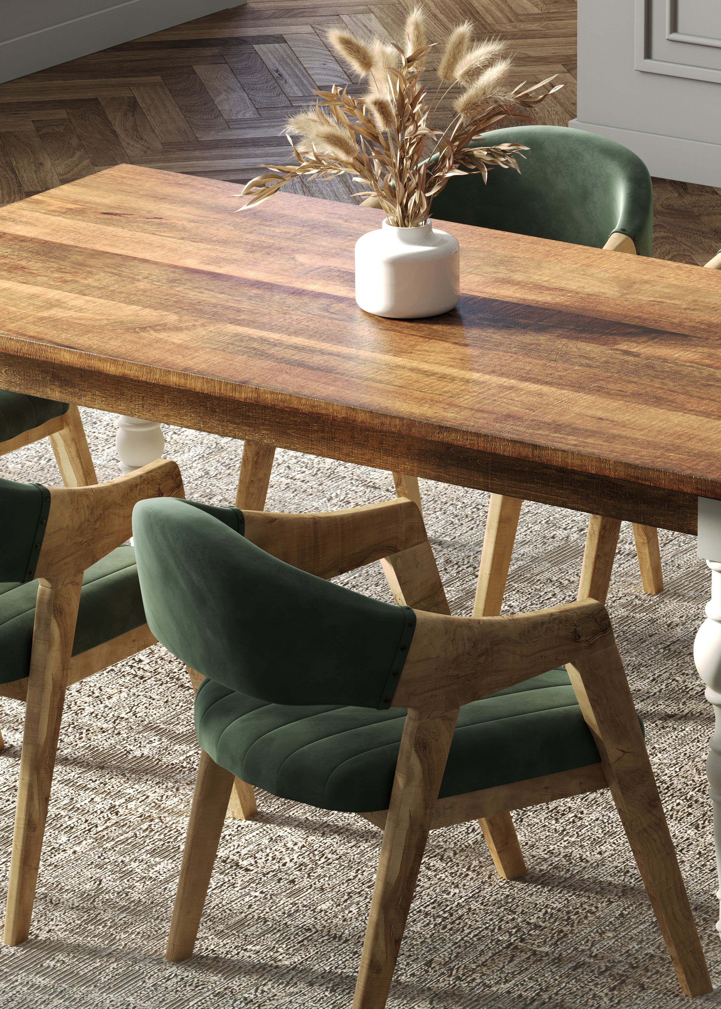 180cm Rectangle Solid Wood Table and Ornate White Legs with 6 Marquess Green Velour Chairs. - Image 5