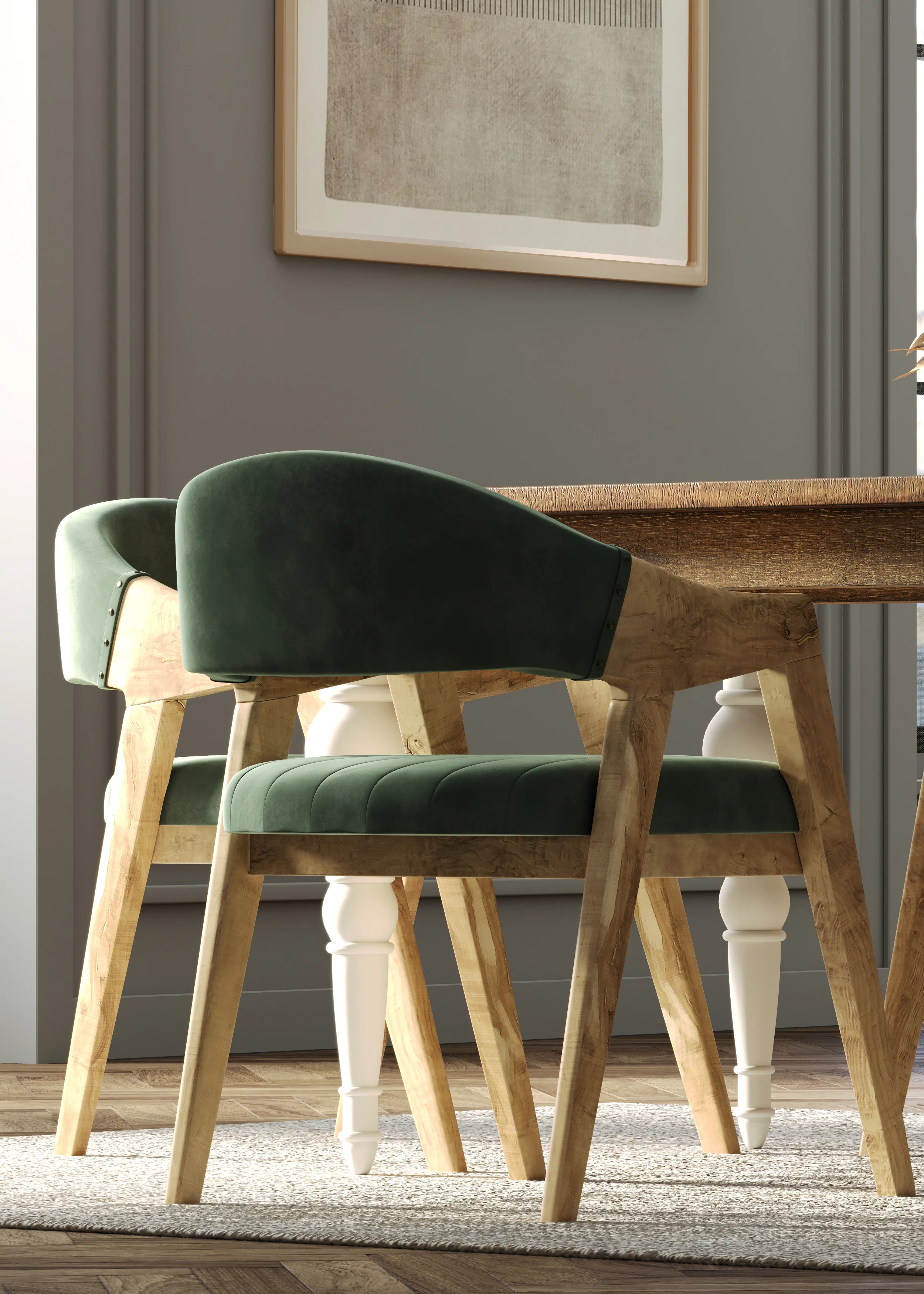 180cm Rectangle Solid Wood Table and Ornate White Legs with 6 Marquess Green Velour Chairs. - Image 6