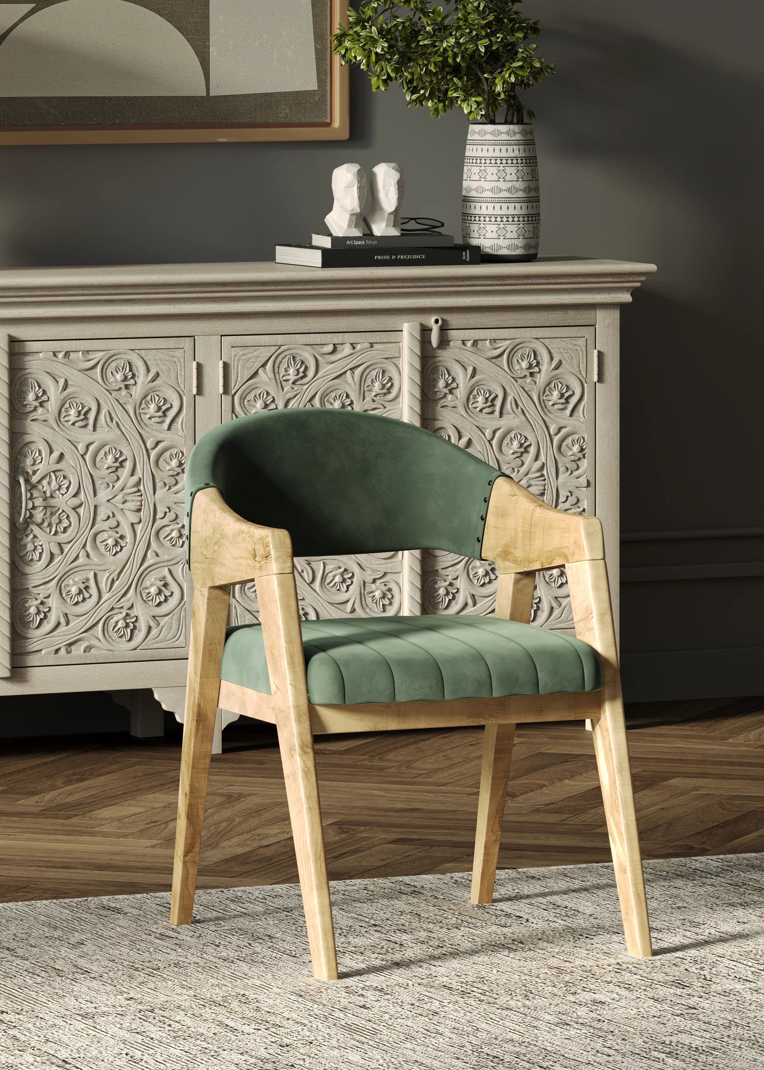 180cm Rectangle Solid Wood Table and Ornate White Legs with 6 Marquess Green Velour Chairs. - Image 7