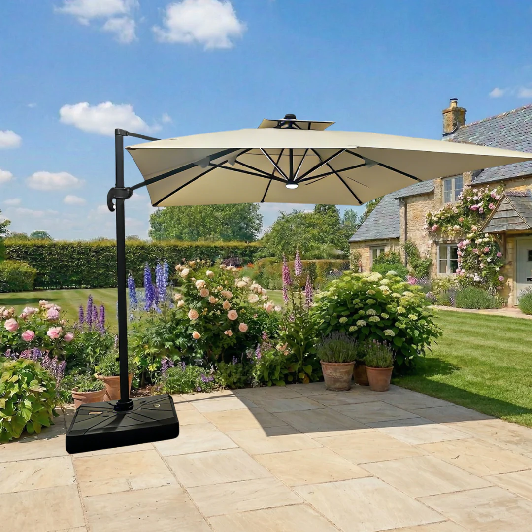 4x3m LED Cantilever Garden Parasol – Solar-Powered LED Lighting