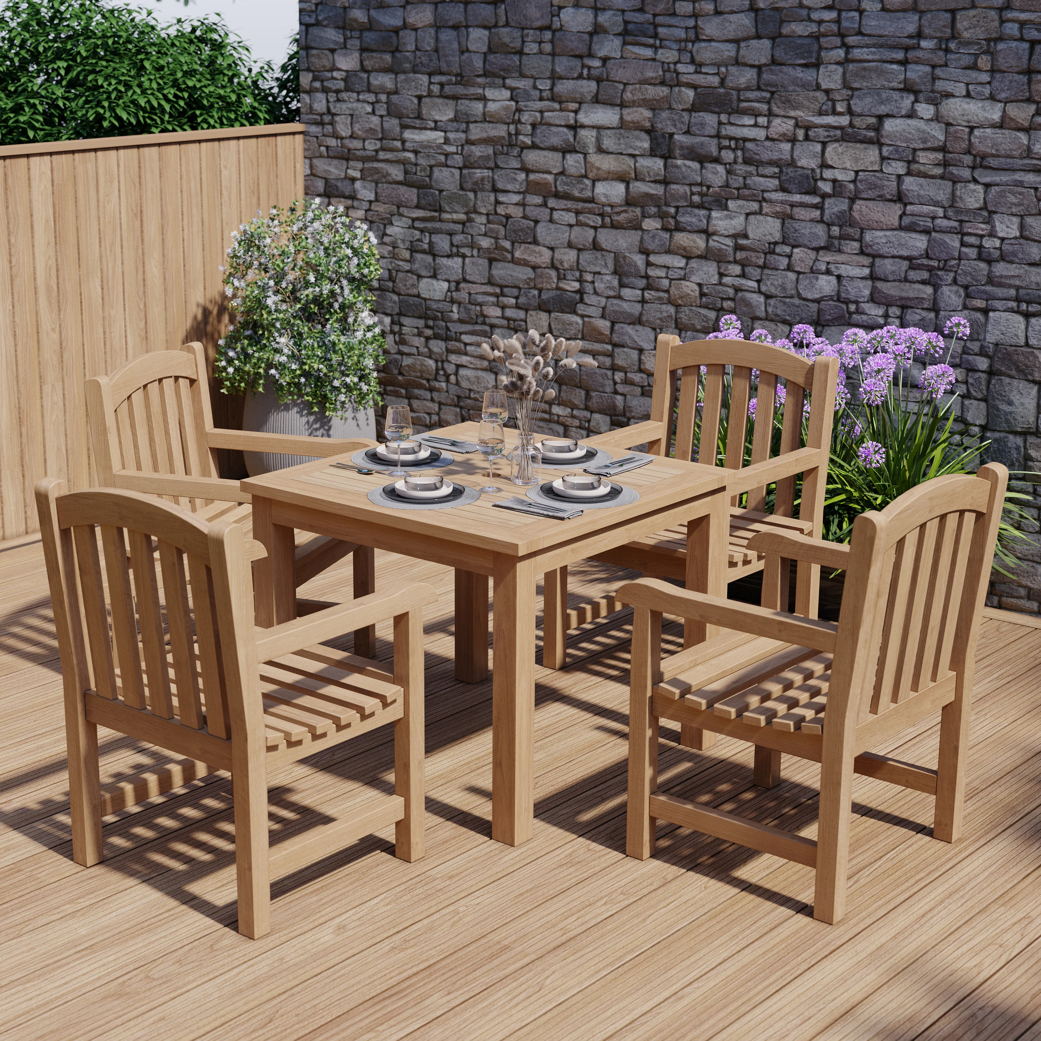 4 Seater Teak Garden Dining Set – 90cm Square Table with Warwick Chairs - Image 3