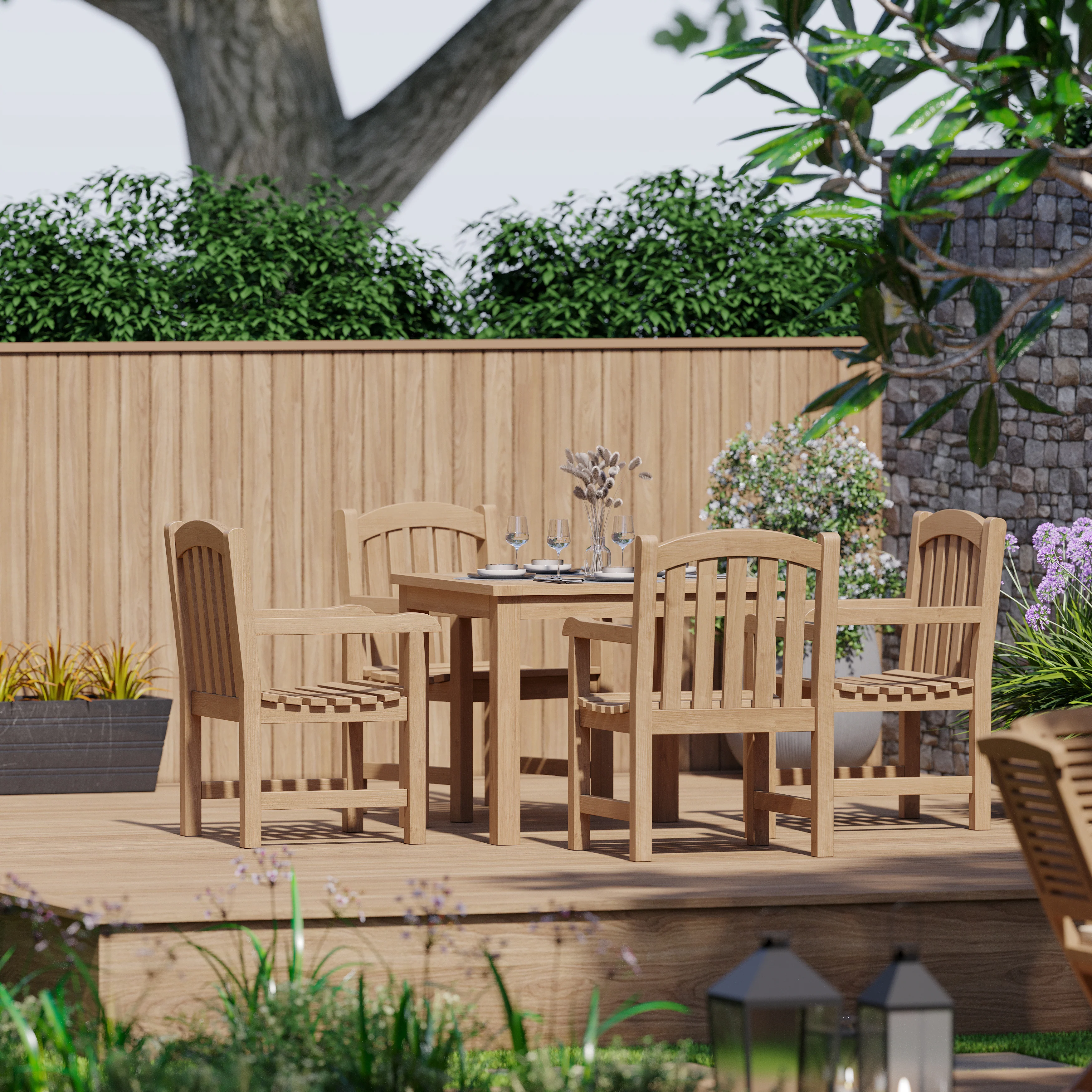 4 Seater Teak Garden Dining Set – 90cm Square Table with Warwick Chairs - Image 5