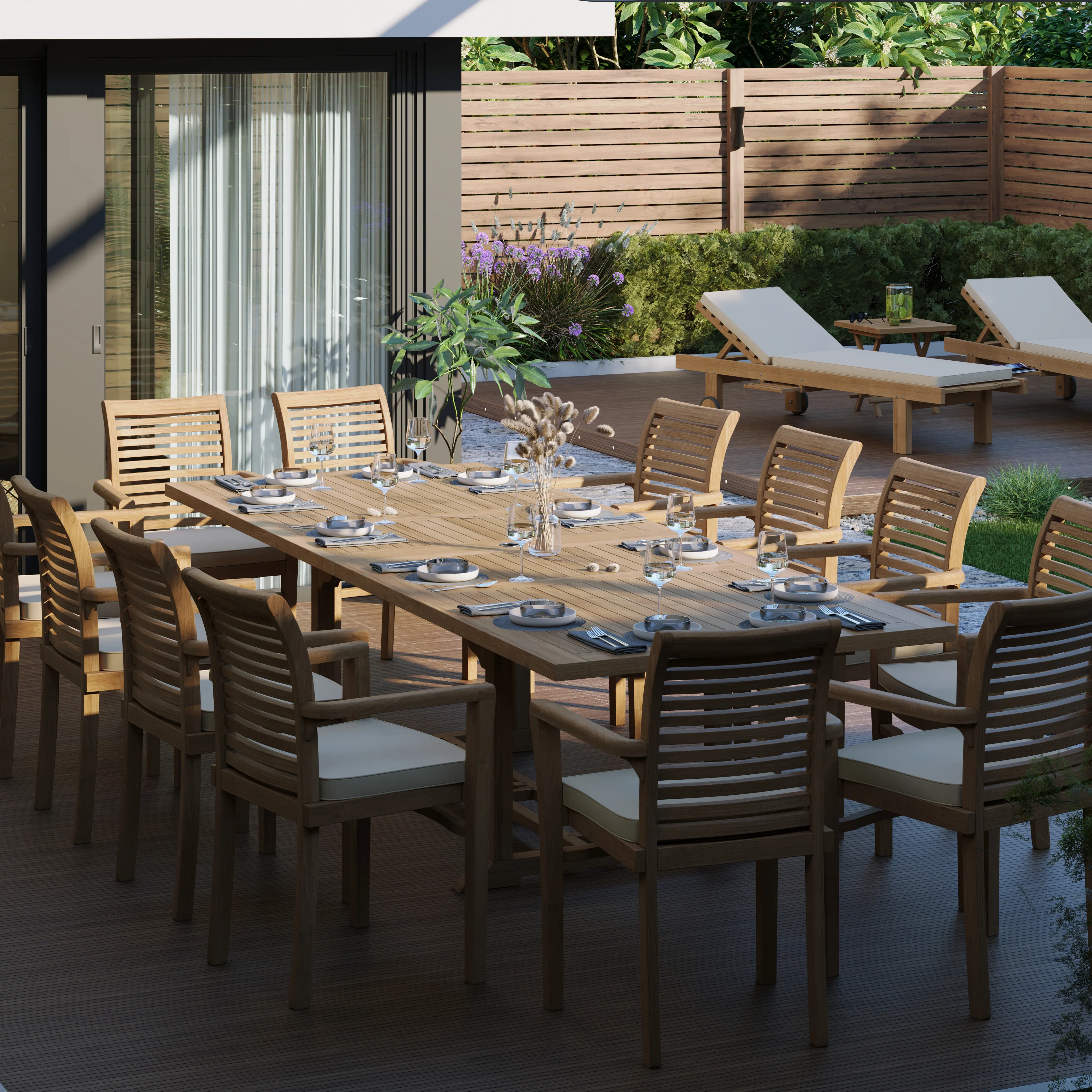 12 Seater Teak Garden Dining Set – Giant 2–3m Rectangular Extending Table with Oxford Stacking Chairs - Image 4