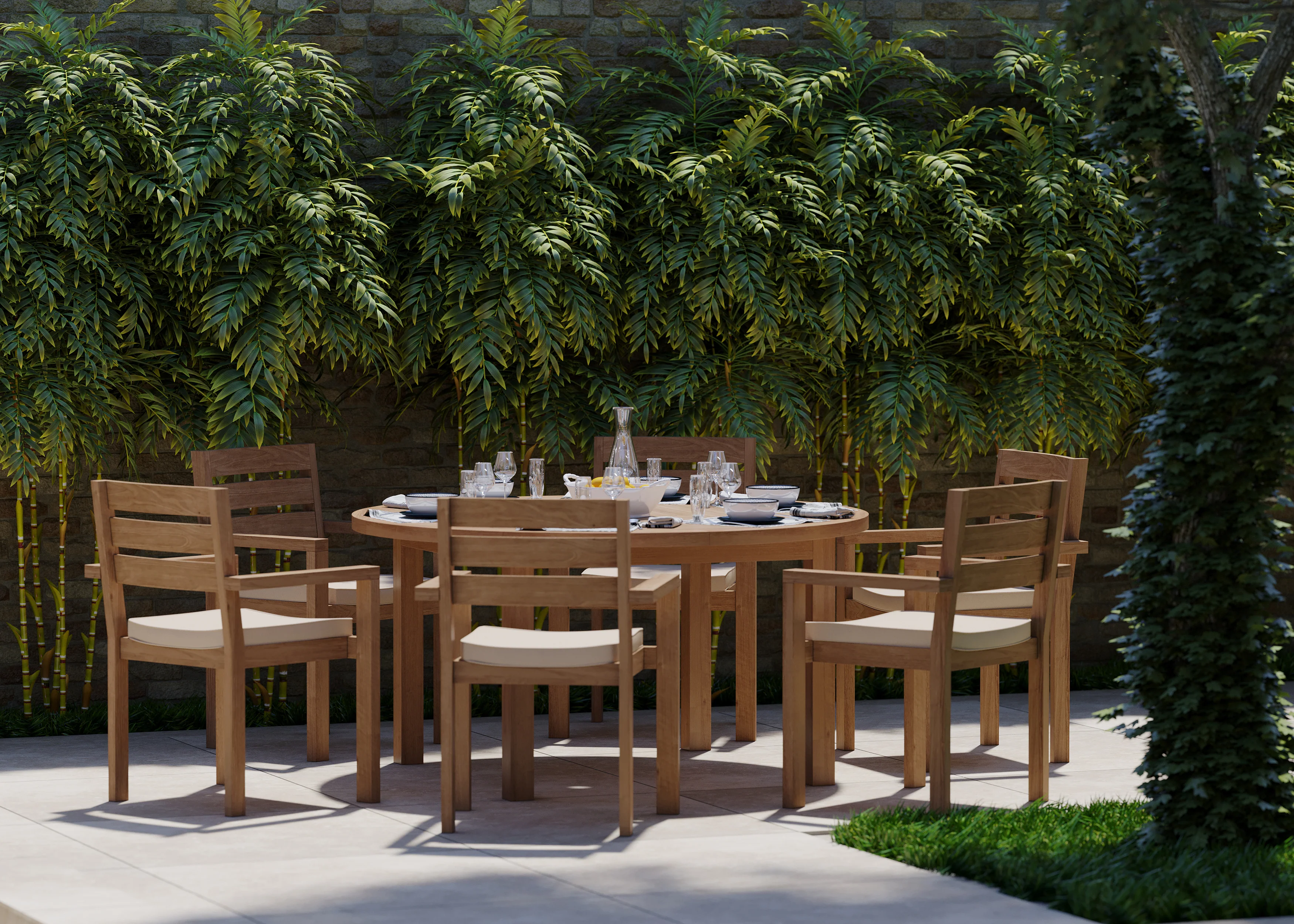 6 Seater Teak Garden Dining Set – Luxor 150cm Round Table, 4cm Top with Marlow Stacking Chairs - Image 3