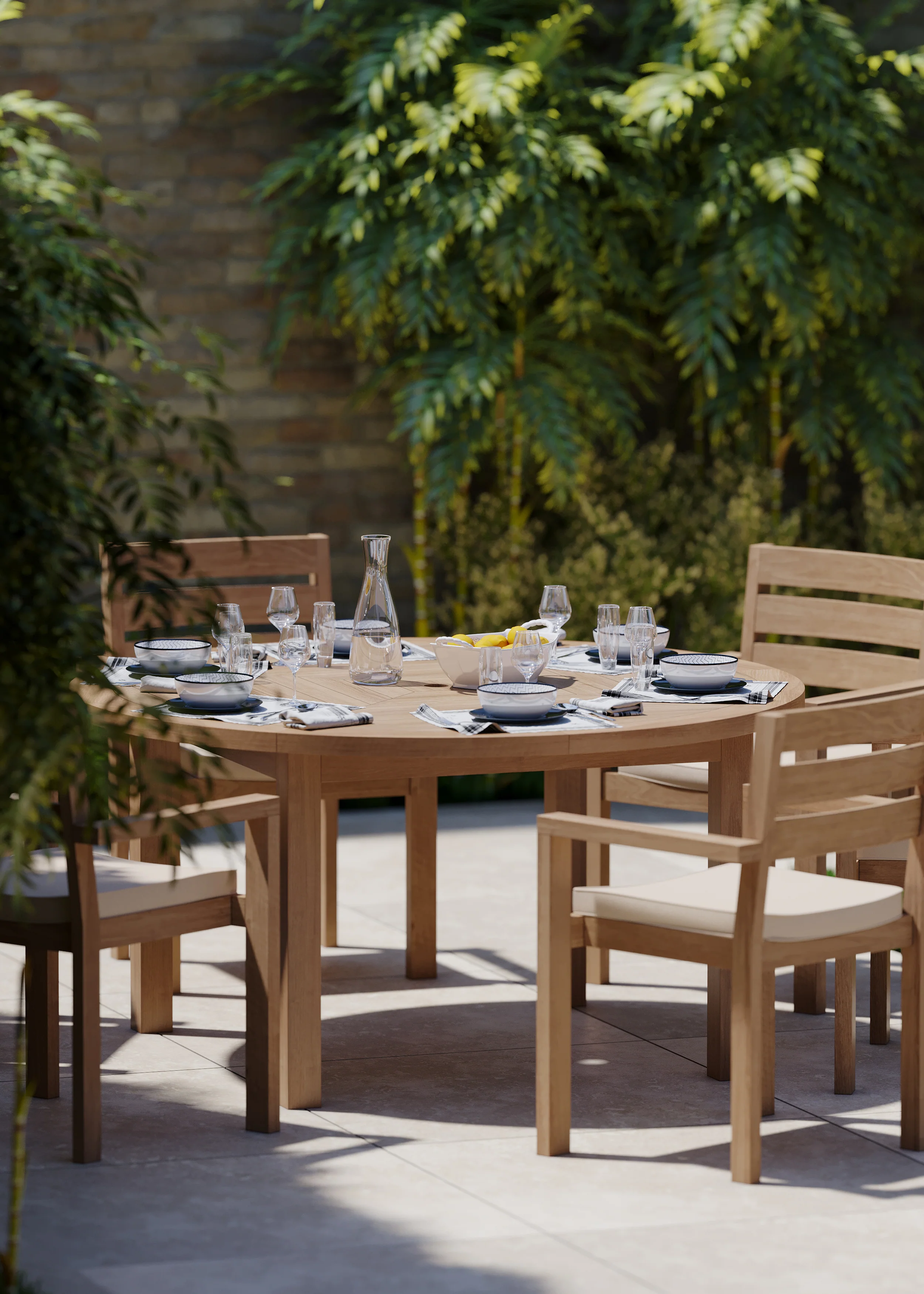 6 Seater Teak Garden Dining Set – Luxor 150cm Round Table, 4cm Top with Marlow Stacking Chairs - Image 5