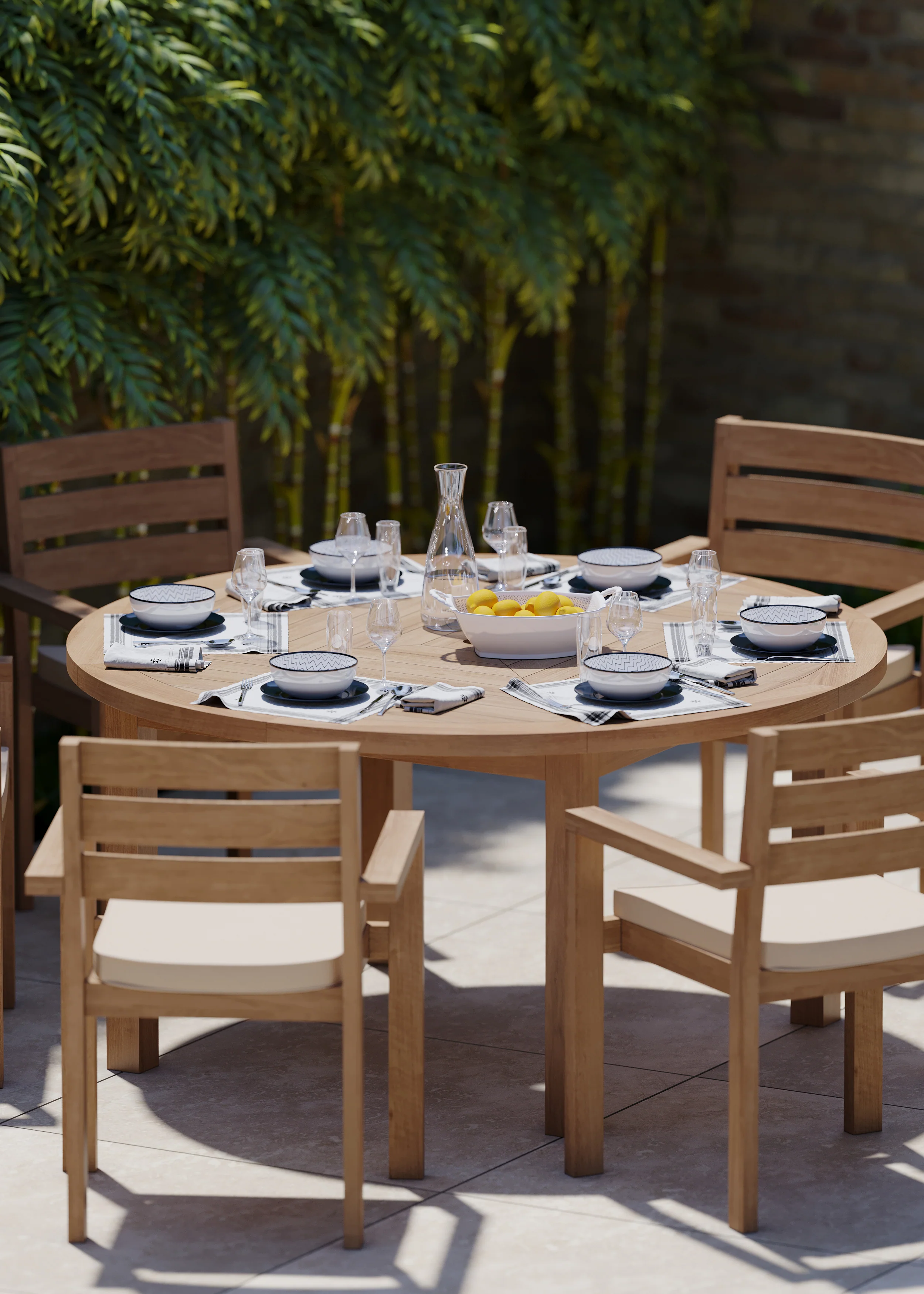 6 Seater Teak Garden Dining Set – Luxor 150cm Round Table, 4cm Top with Marlow Stacking Chairs - Image 6