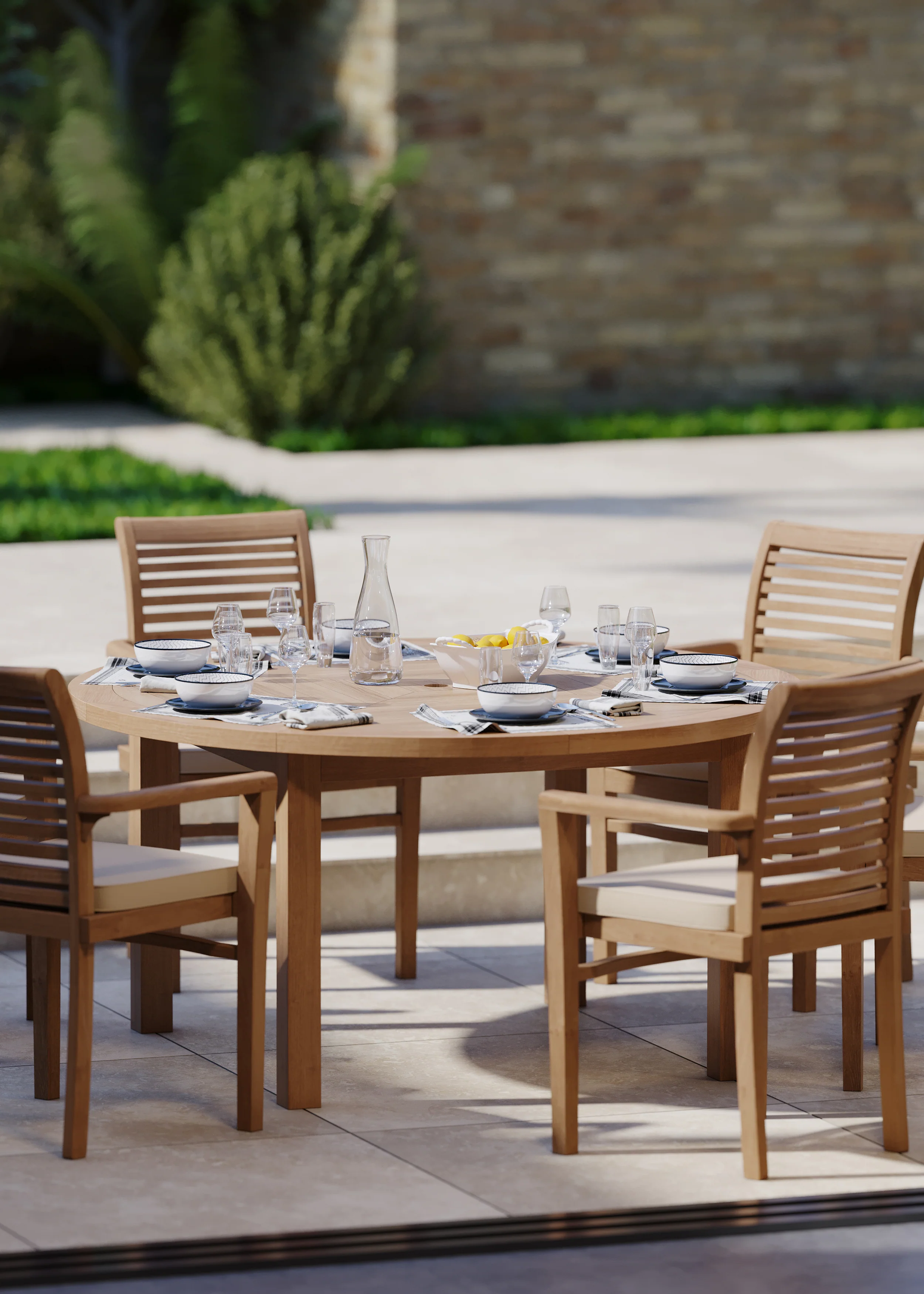 6 Seater Teak Garden Dining Set – Luxor 150cm Round Table, 4cm Top with Oxford Stacking Chairs - Image 4