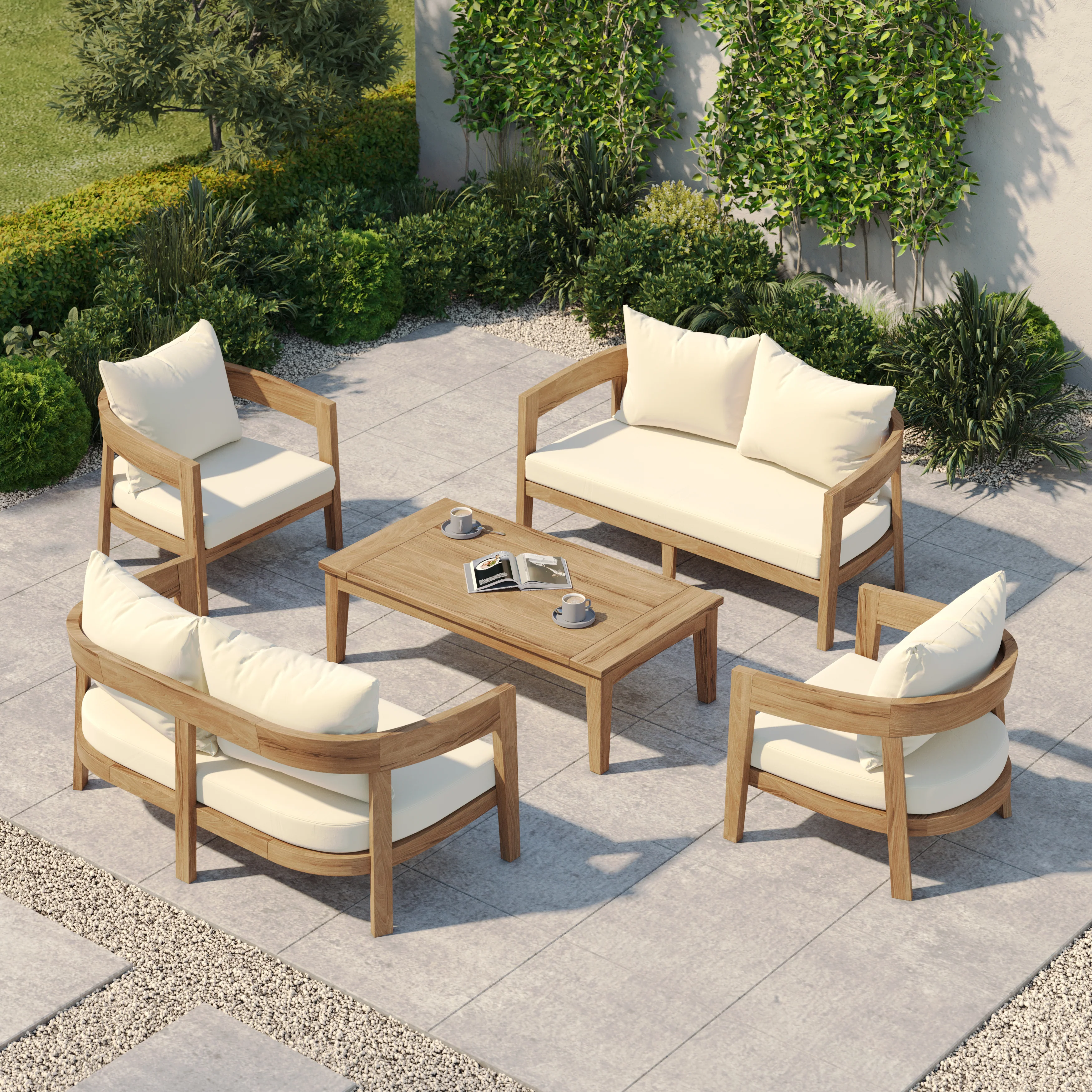 Santorini Teak Garden Lounge Set – Family Set with 2 Benches, 2 Chairs & Coffee Table