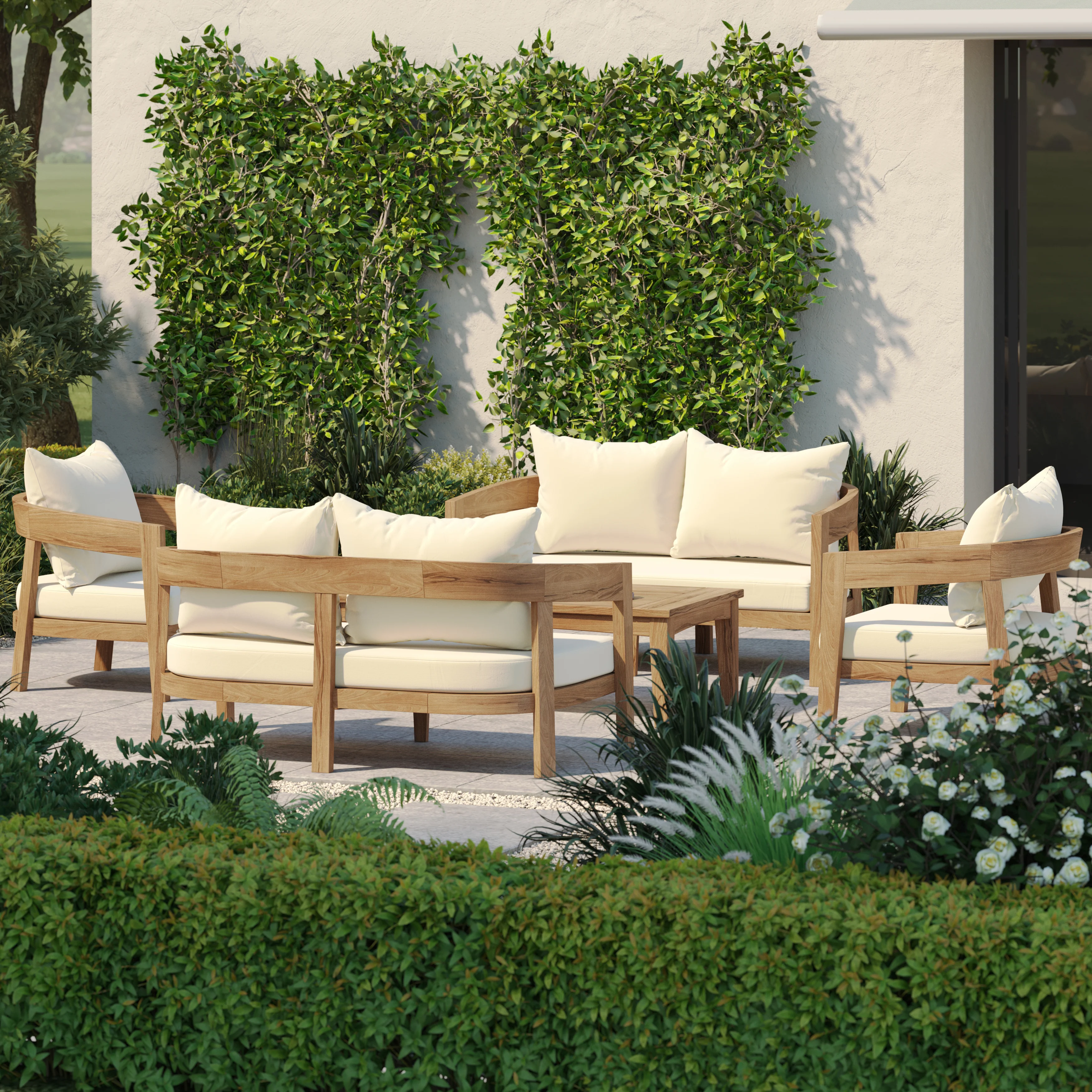 Santorini Teak Garden Lounge Set – Family Set with 2 Benches, 2 Chairs & Coffee Table - Image 2