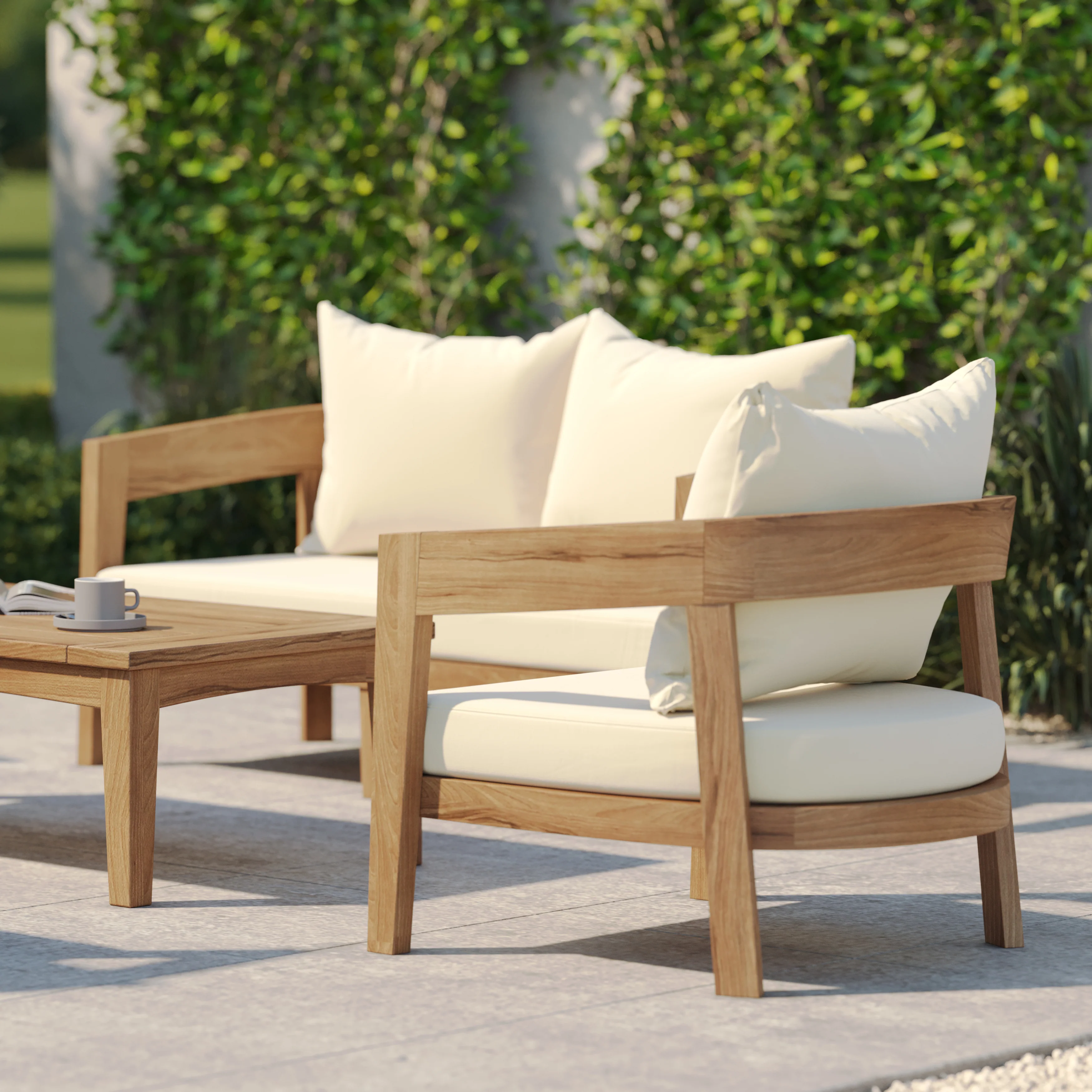Santorini Teak Garden Lounge Set – Family Set with 2 Benches, 2 Chairs & Coffee Table - Image 5