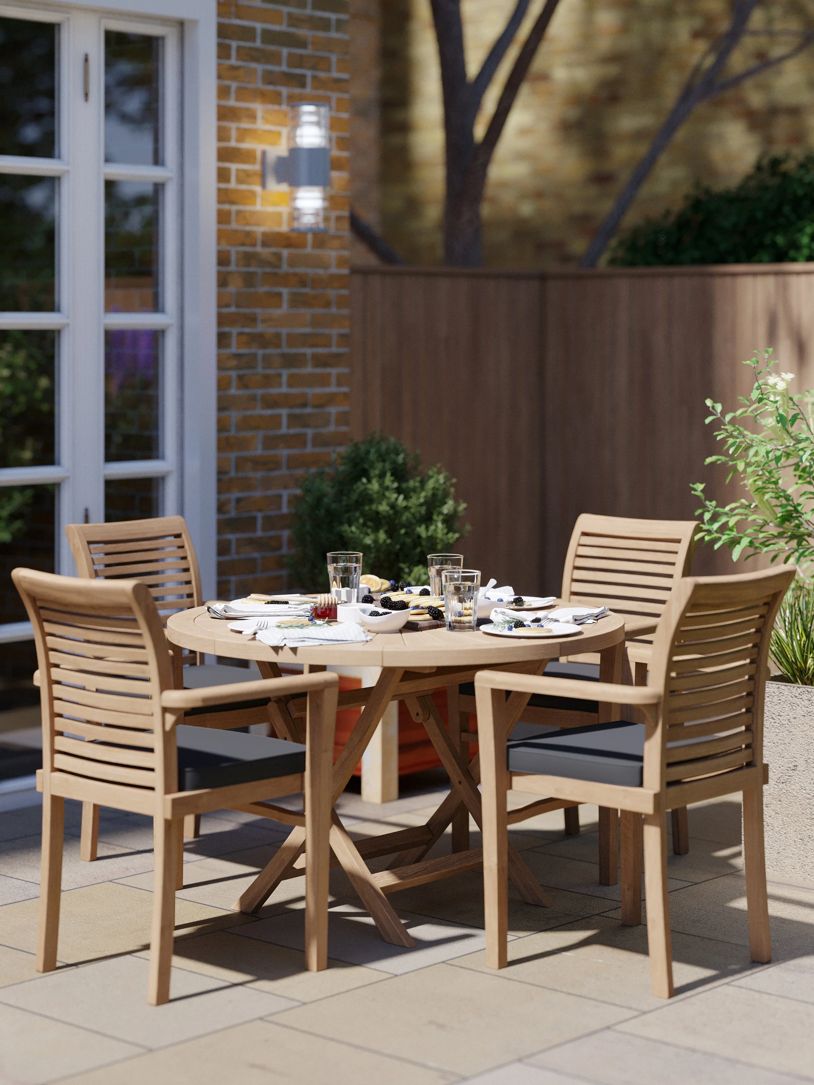 4 Seater Teak Garden Dining Set – 120cm Round Sunshine Folding Table with Oxford Stacking Chairs - Image 3
