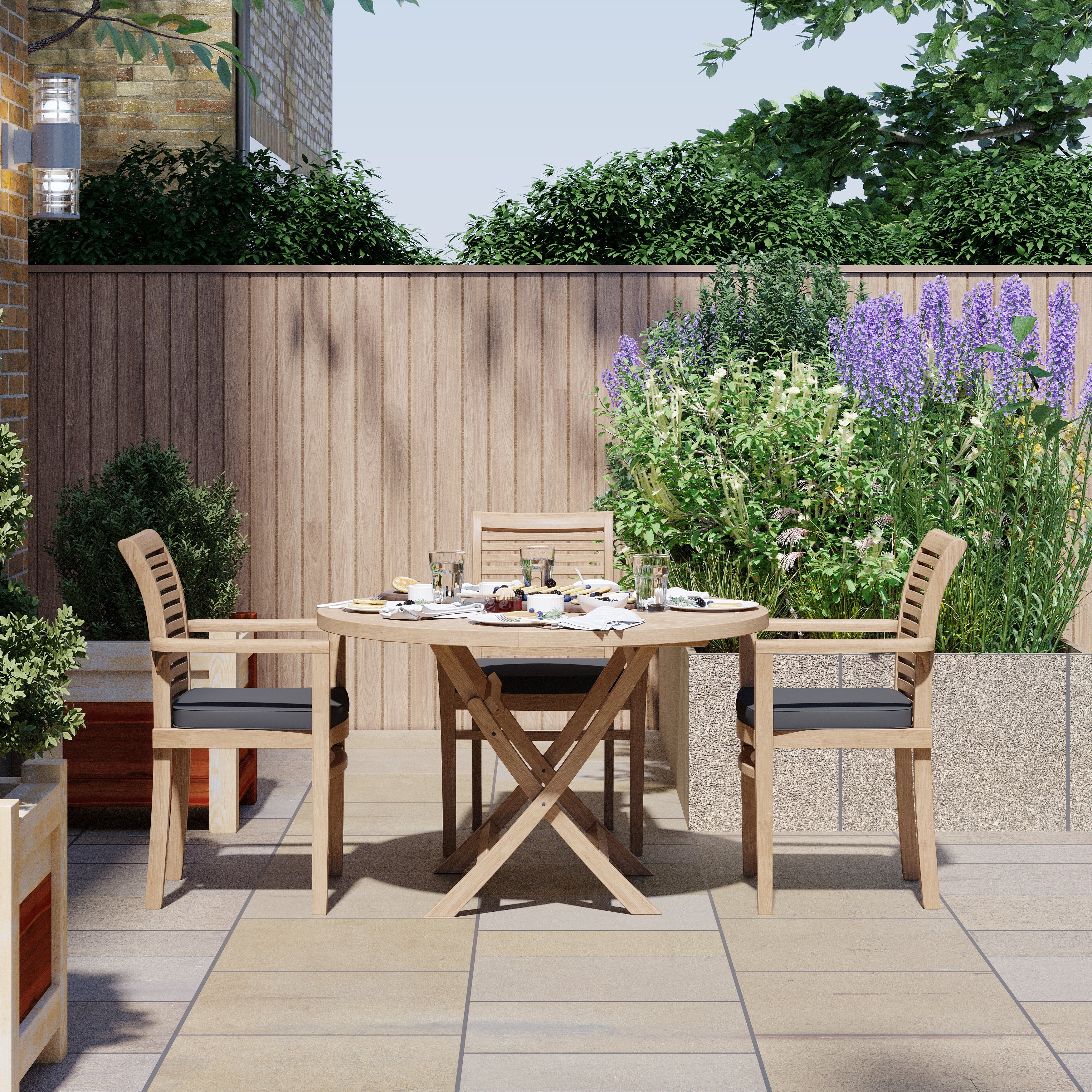 4 Seater Teak Garden Dining Set – 120cm Round Sunshine Folding Table with Oxford Stacking Chairs - Image 4