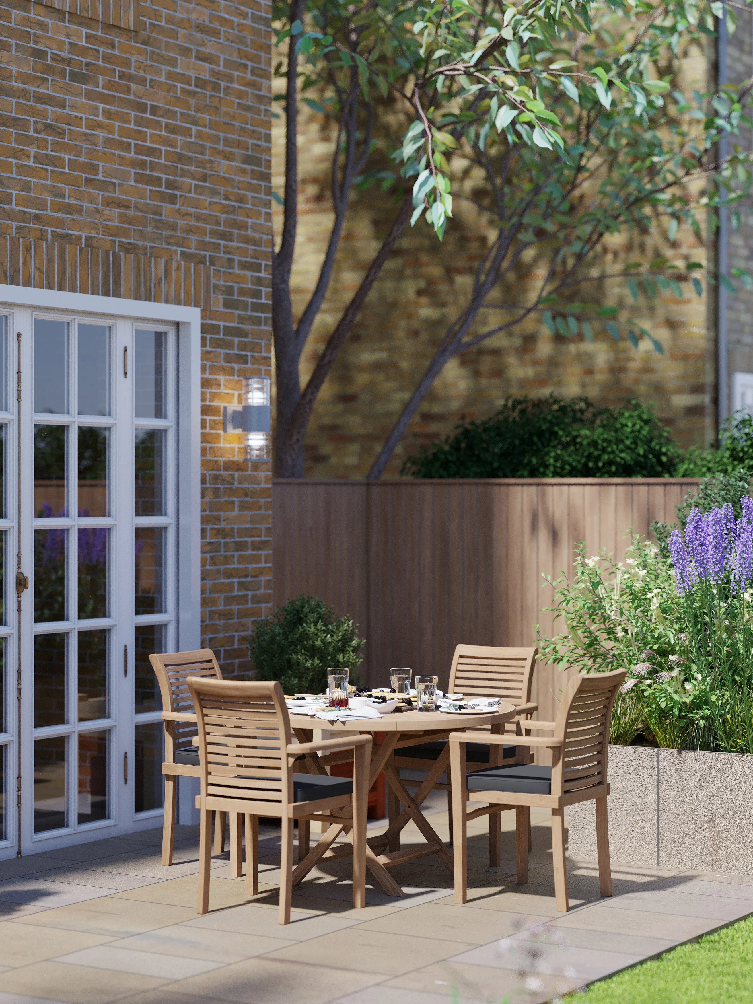 4 Seater Teak Garden Dining Set – 120cm Round Sunshine Folding Table with Oxford Stacking Chairs - Image 5