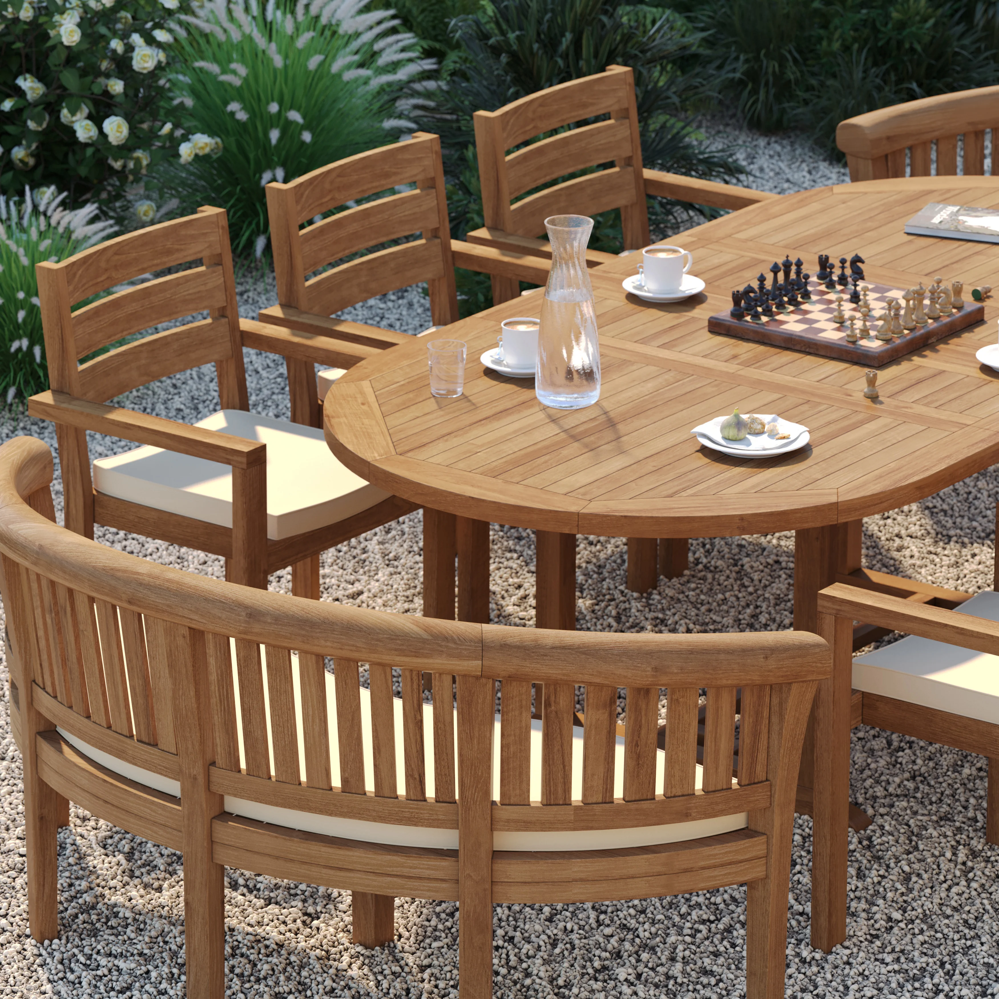 10 Seater Teak Garden Dining Set – 180–240cm Oval Extending Table with 6 Marlow Stacking Chairs & 2 San Francisco Benches - Image 4