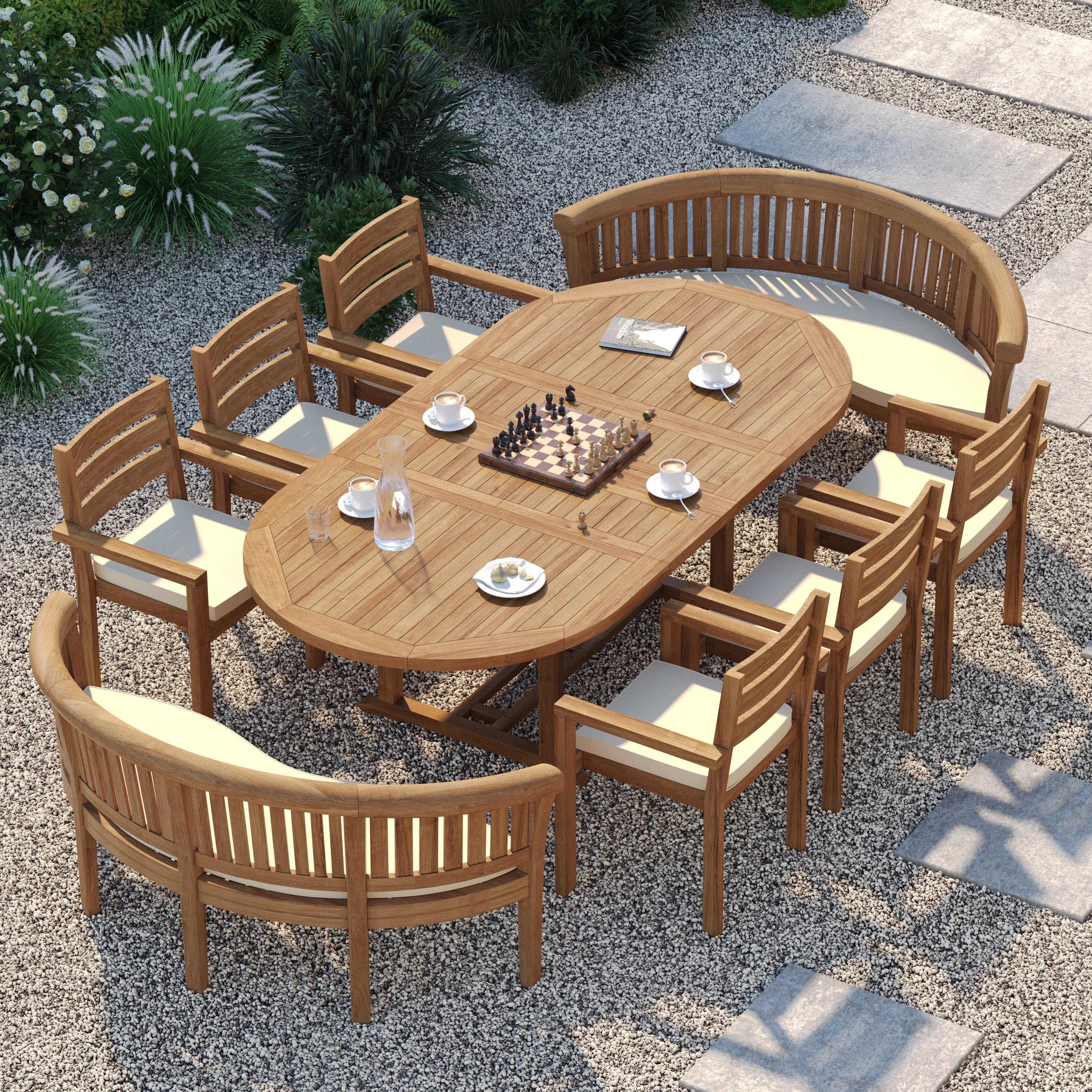 10 Seater Teak Garden Dining Set – 180–240cm Oval Extending Table with 6 Marlow Stacking Chairs & 2 San Francisco Benches - Image 5