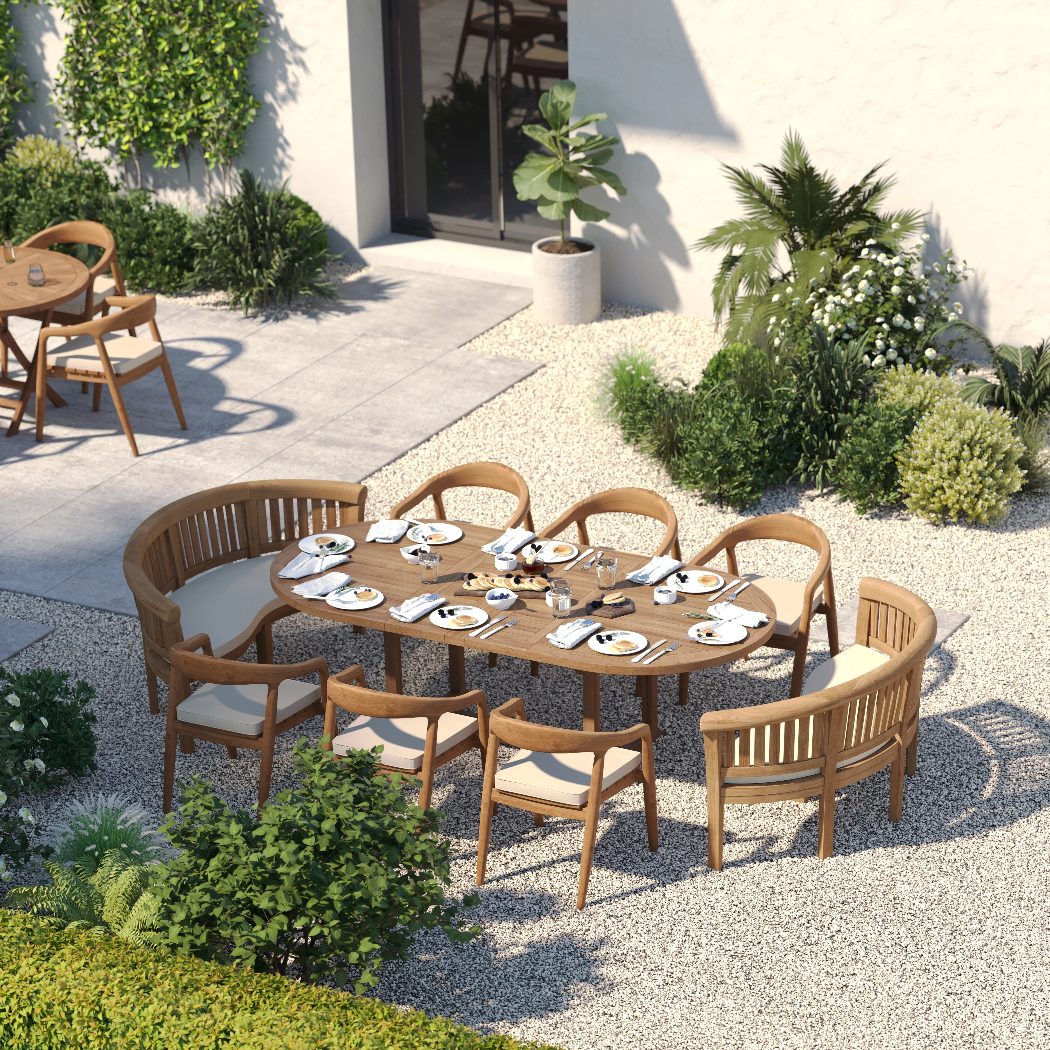 10 Seater Teak Garden Dining Set – 180–240cm Oval Extending Table, 4cm Top, 120cm Wide with 6 Sydney Chairs & 2 San Francisco Benches - Image 2