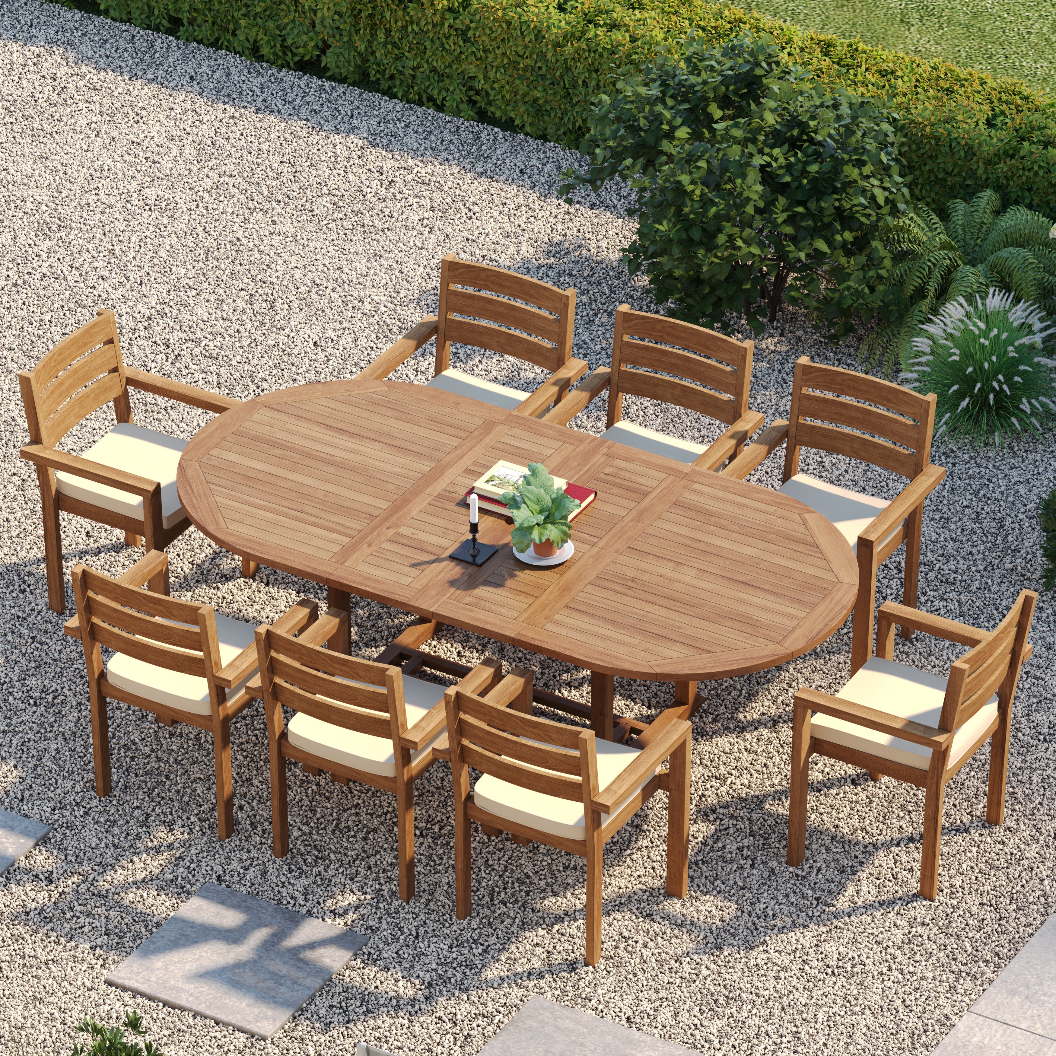 8 Seater Teak Garden Dining Set – 180–240cm Oval Extending Table, 4cm Top with Marlow Stacking Chairs