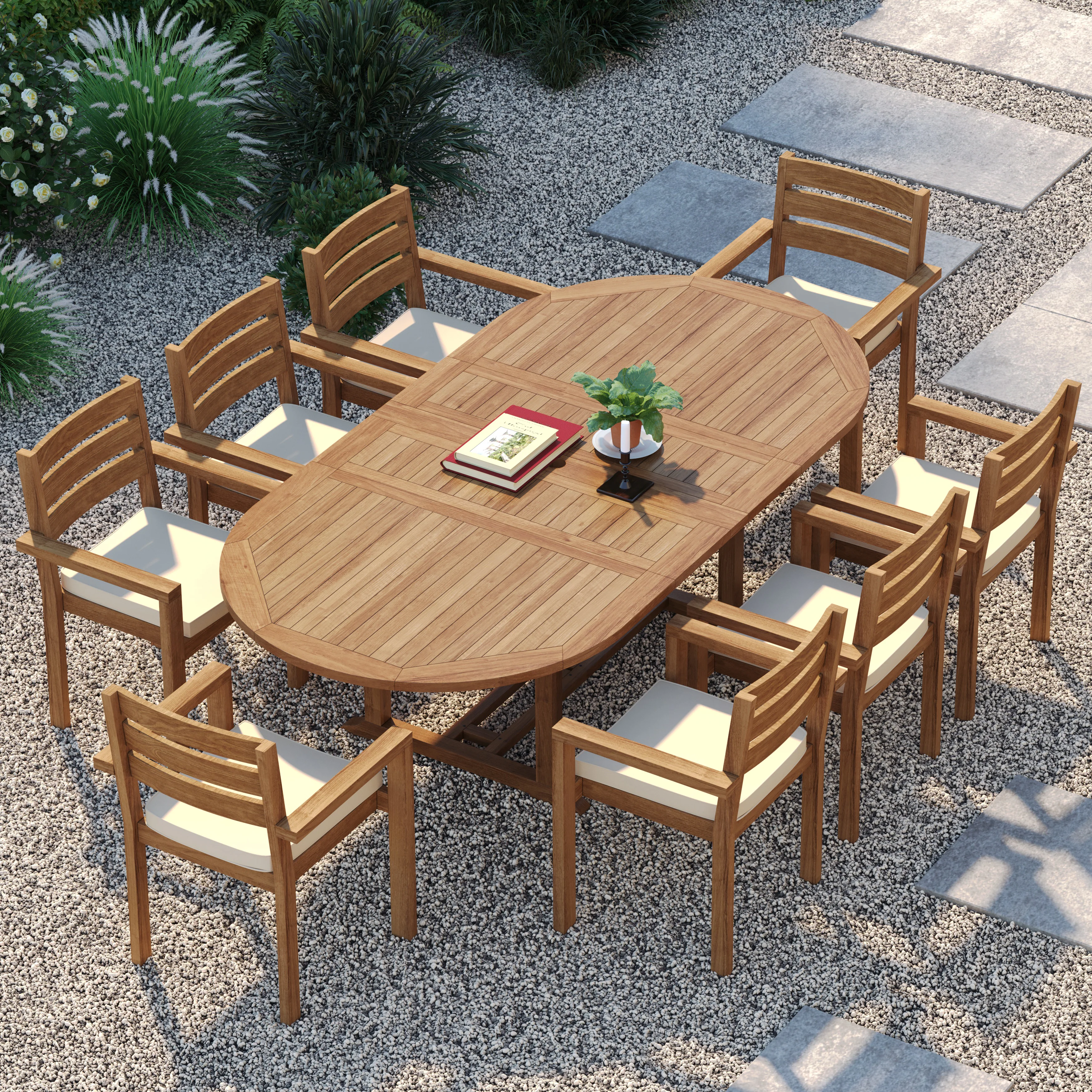 8 Seater Teak Garden Dining Set – 180–240cm Oval Extending Table, 4cm Top with Marlow Stacking Chairs - Image 2