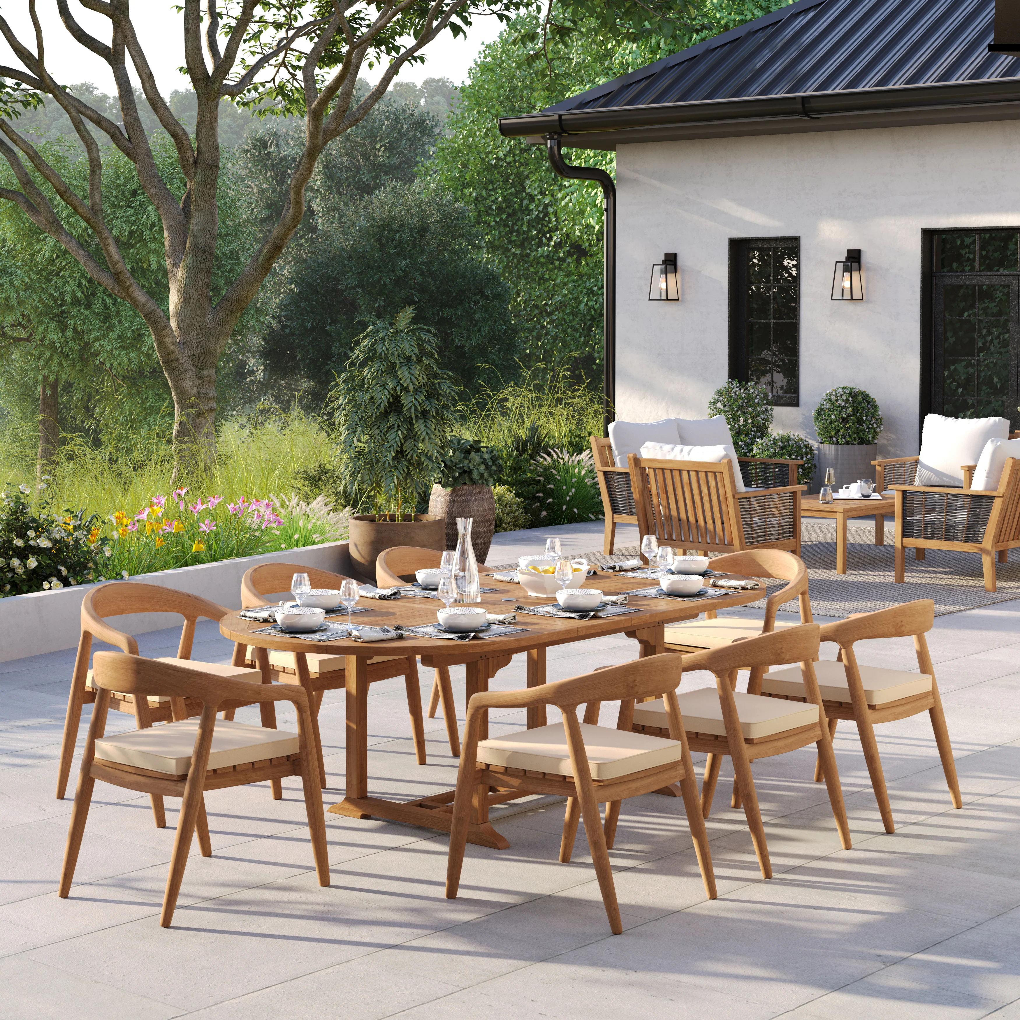 8 Seater Teak Garden Dining Set – 180–240cm Oval Extending Table, 4cm Top with Sydney Chairs - Image 3
