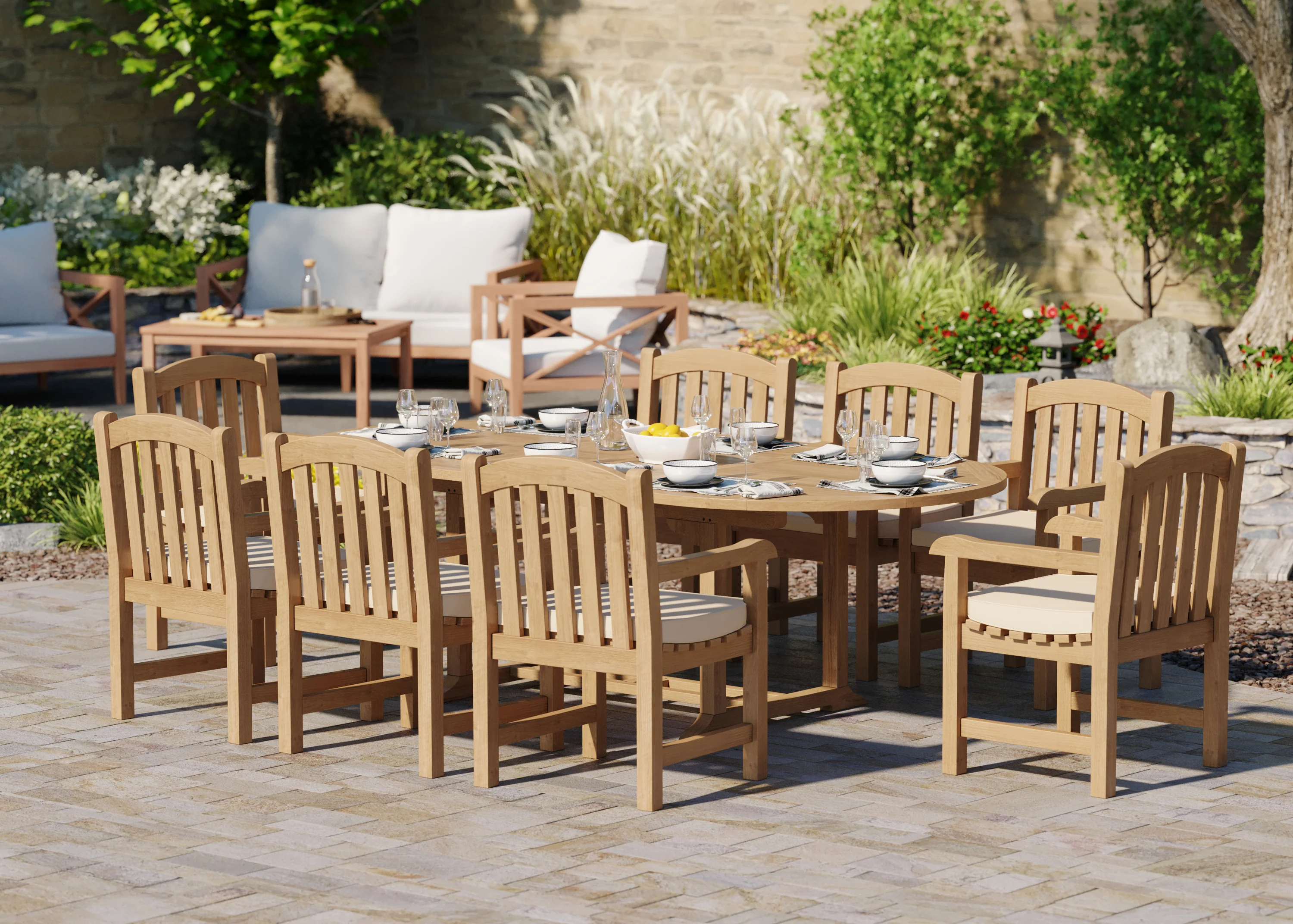 8 Seater Teak Garden Dining Set – 180–240cm Oval Extending Table, 4cm Top with Warwick Chairs - Image 2