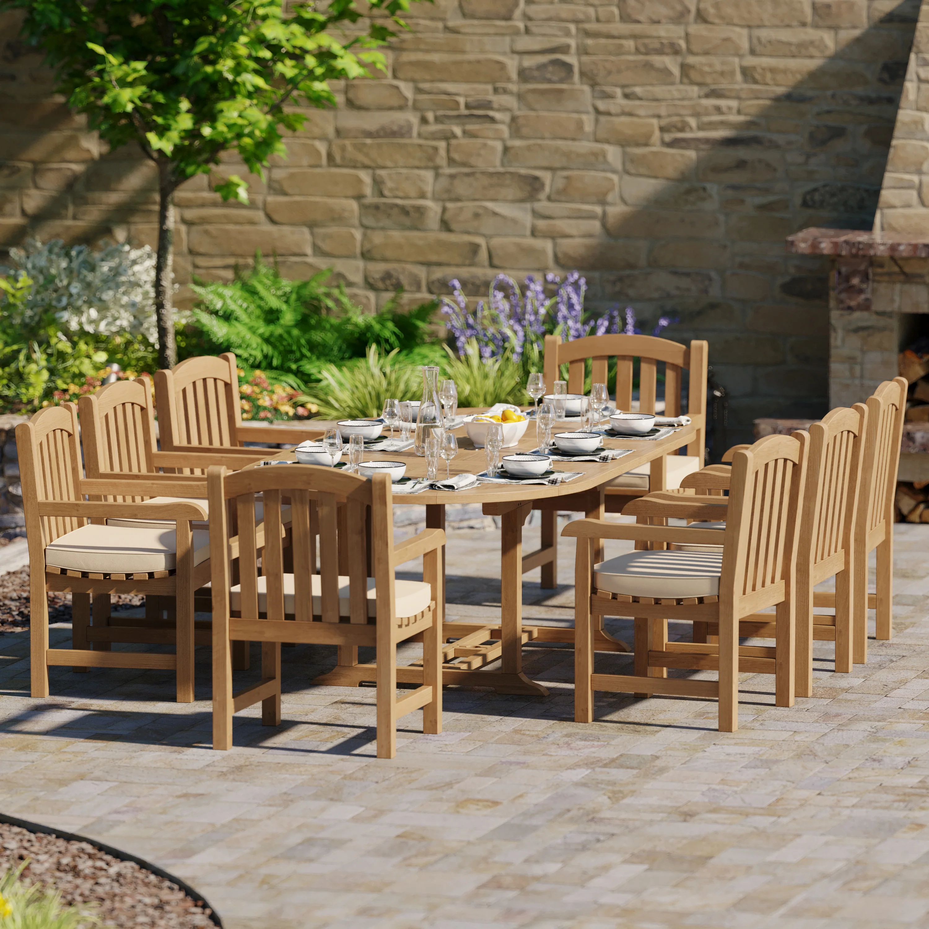 8 Seater Teak Garden Dining Set – 180–240cm Oval Extending Table, 4cm Top with Warwick Chairs - Image 3