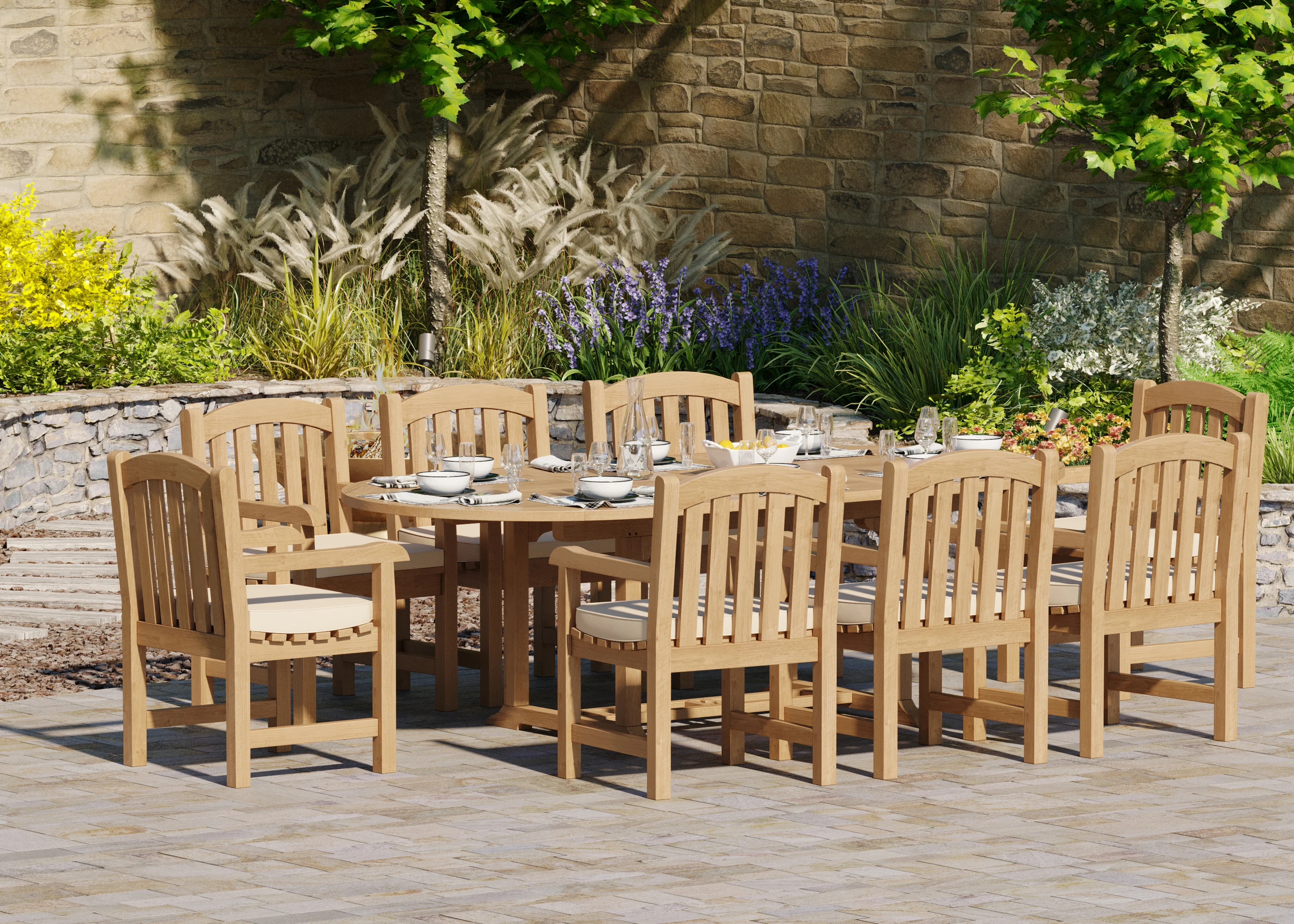 8 Seater Teak Garden Dining Set – 180–240cm Oval Extending Table, 4cm Top with Warwick Chairs - Image 4