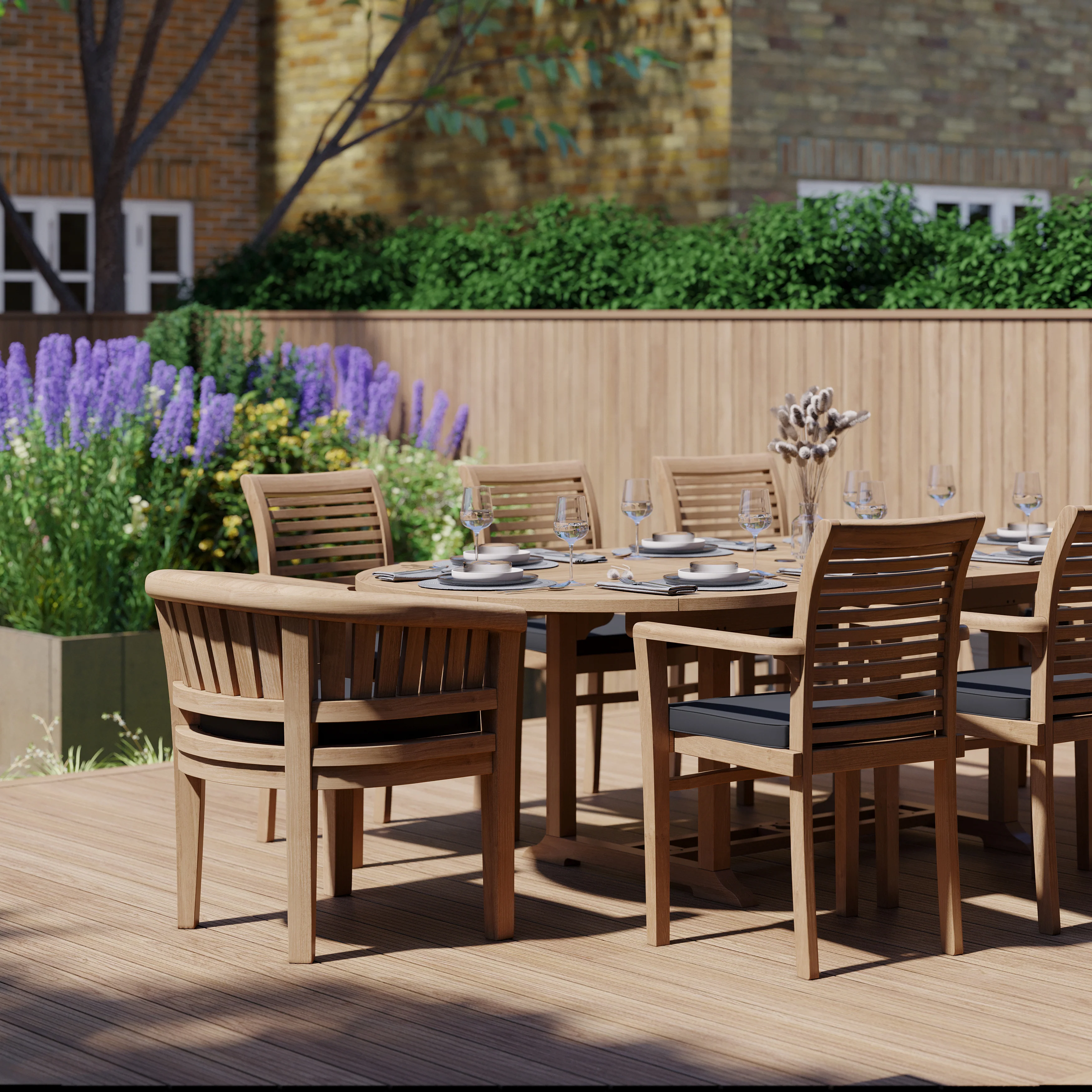 Teak 180cm to 240cm Oval Extending Table with 6 Oxford Stacking Chairs & 2 San Francisco Chairs, Free Cushions - Image 4