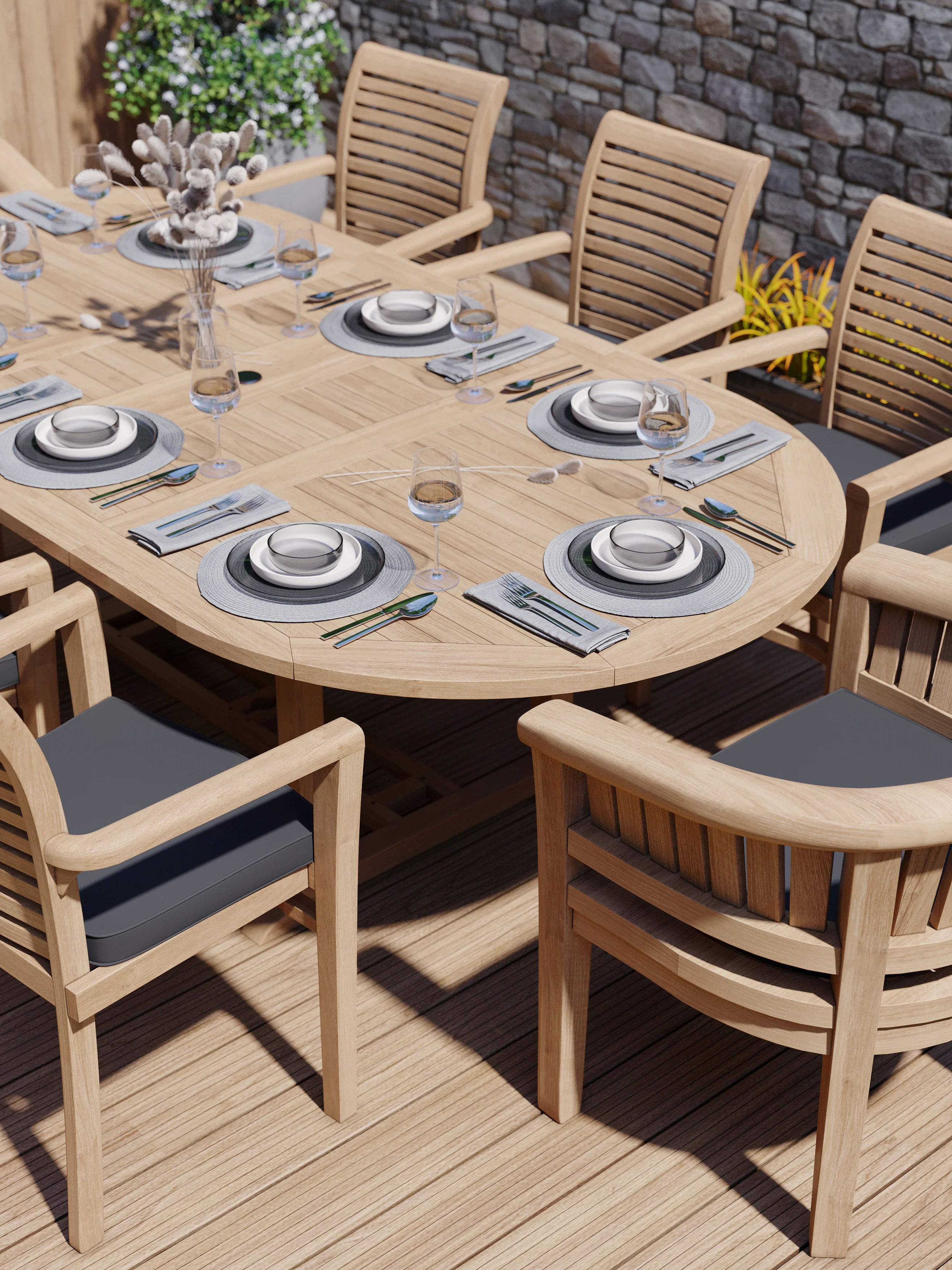 Teak 180cm to 240cm Oval Extending Table with 6 Oxford Stacking Chairs & 2 San Francisco Chairs, Free Cushions - Image 5