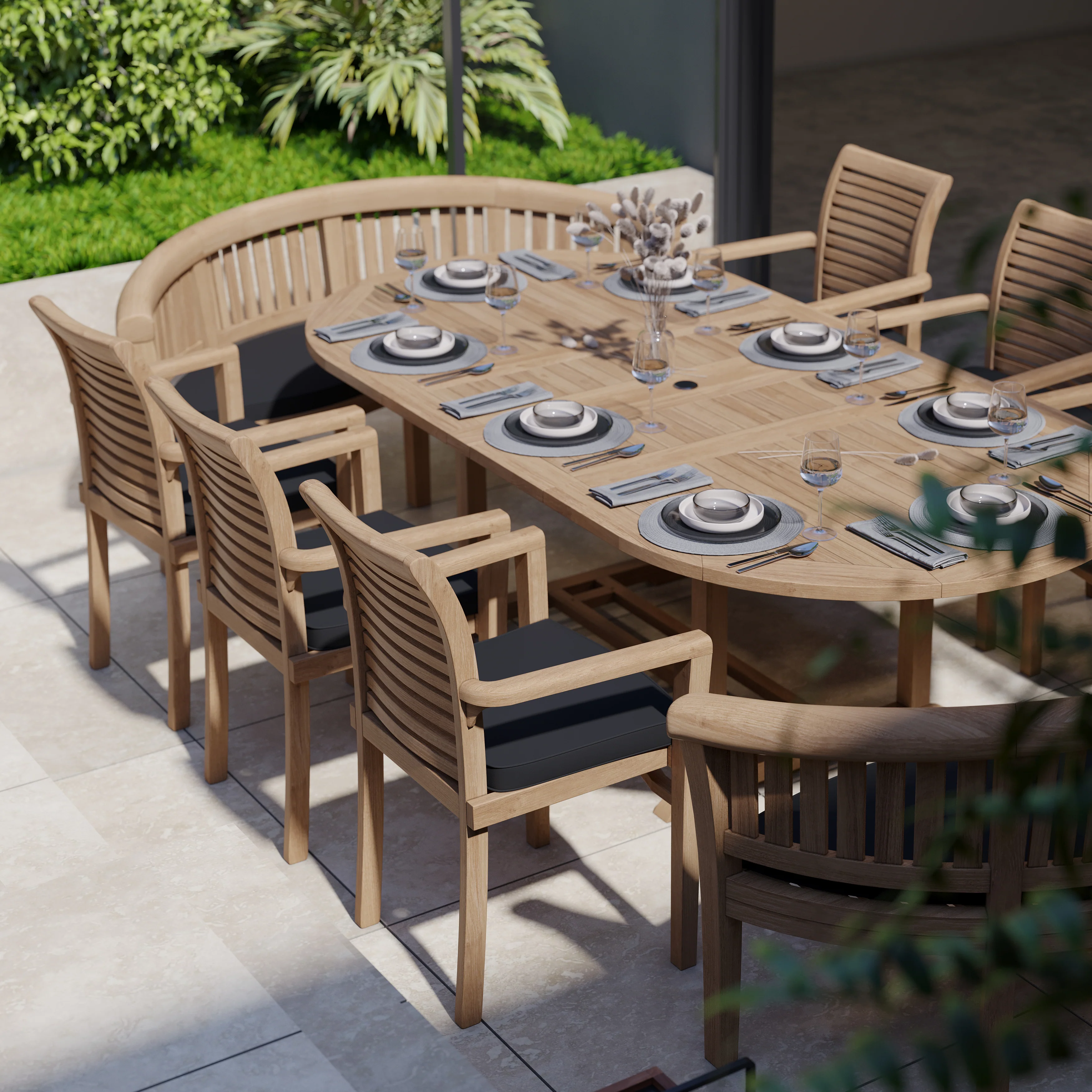 10 Seater Teak Garden Dining Set – 180–240cm Oval Extending Table, 4cm Top, 120cm Wide with 6 Oxford Stacking Chairs & 2 San Francisco Benches - Image 4