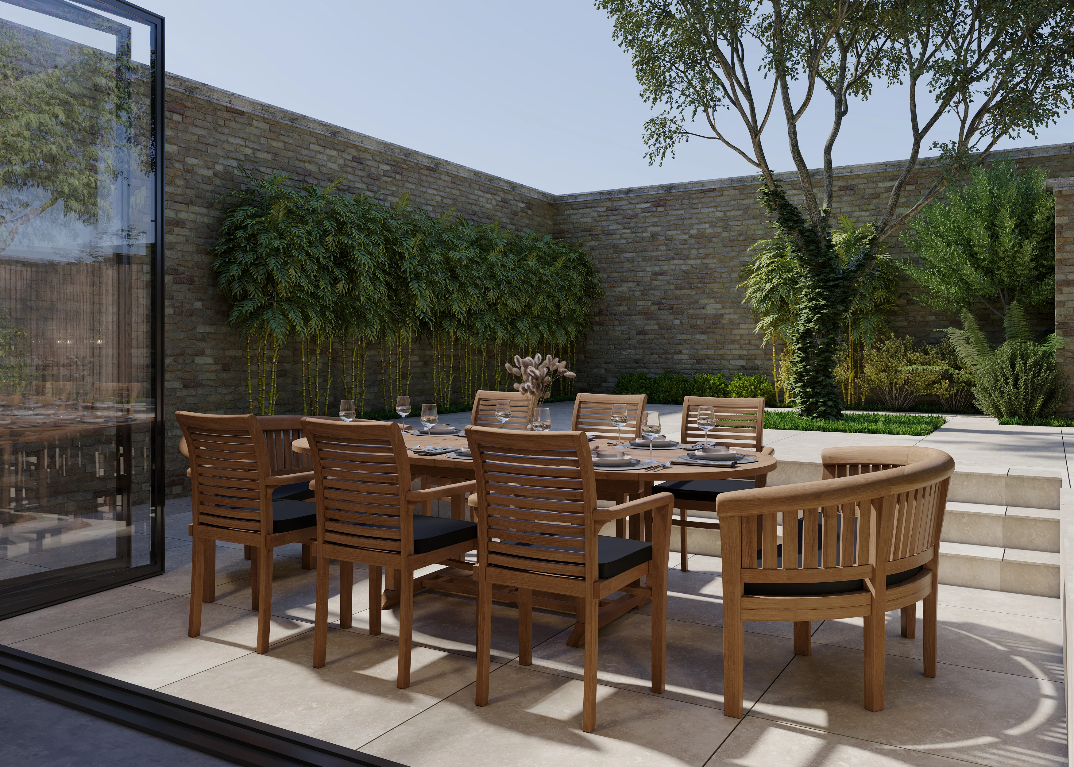 10 Seater Teak Garden Dining Set – 180–240cm Oval Extending Table, 4cm Top, 120cm Wide with 6 Oxford Stacking Chairs & 2 San Francisco Benches - Image 5