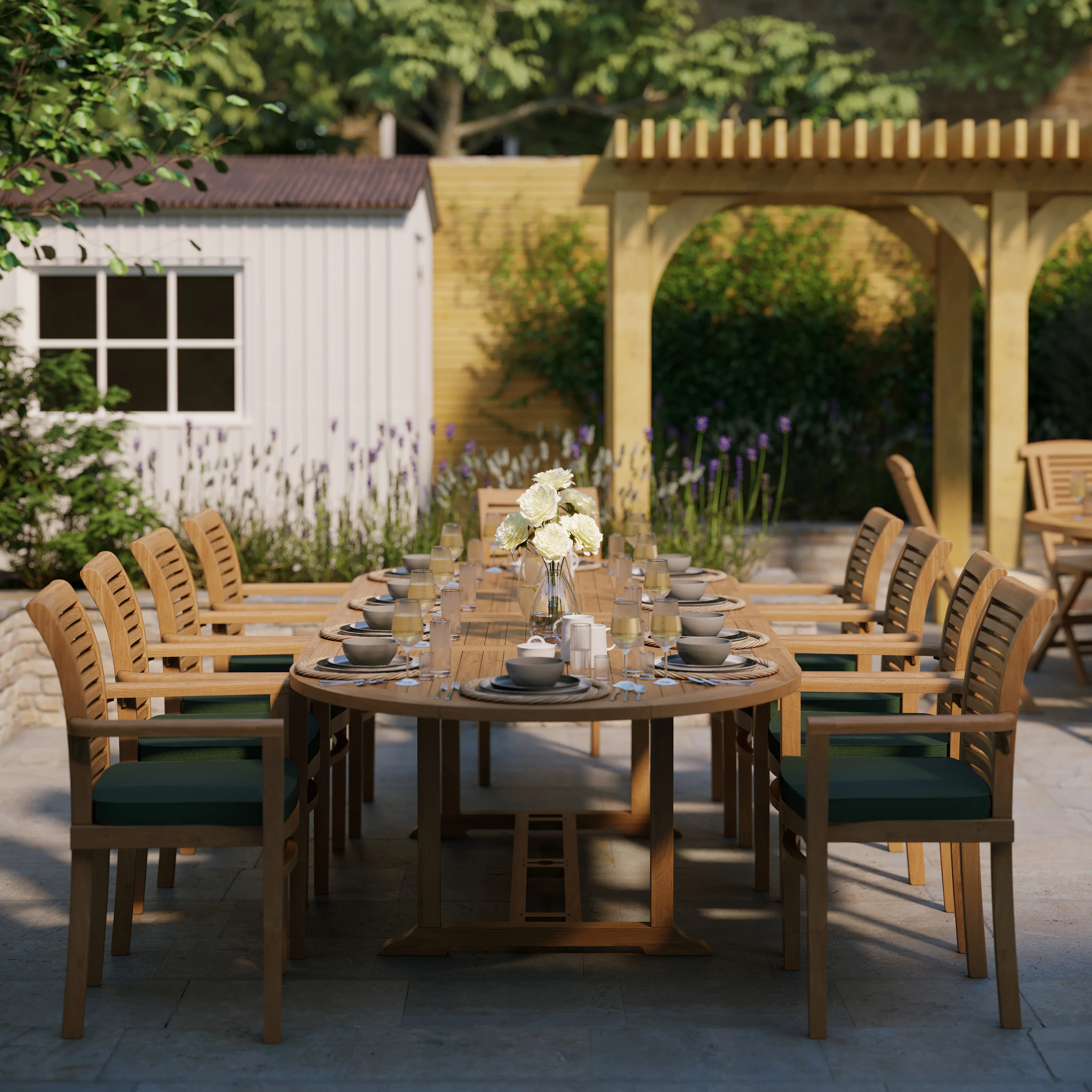 10 Seater Teak Garden Dining Set – 2–3m Oval Extending Table, 4cm Top with Oxford Stacking Chairs - Image 3