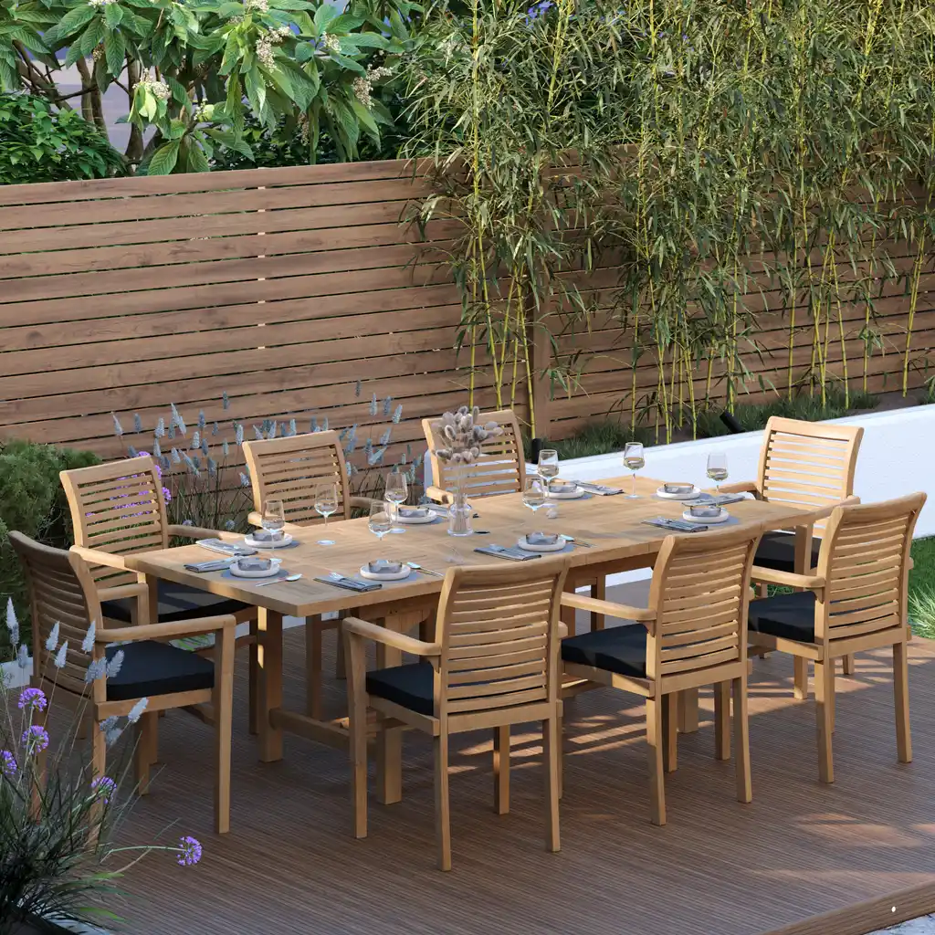 8 Seater Teak Garden Dining Set – 180–240cm Rectangular Extending Table, 4cm Top with Oxford Stacking Chairs - Image 3