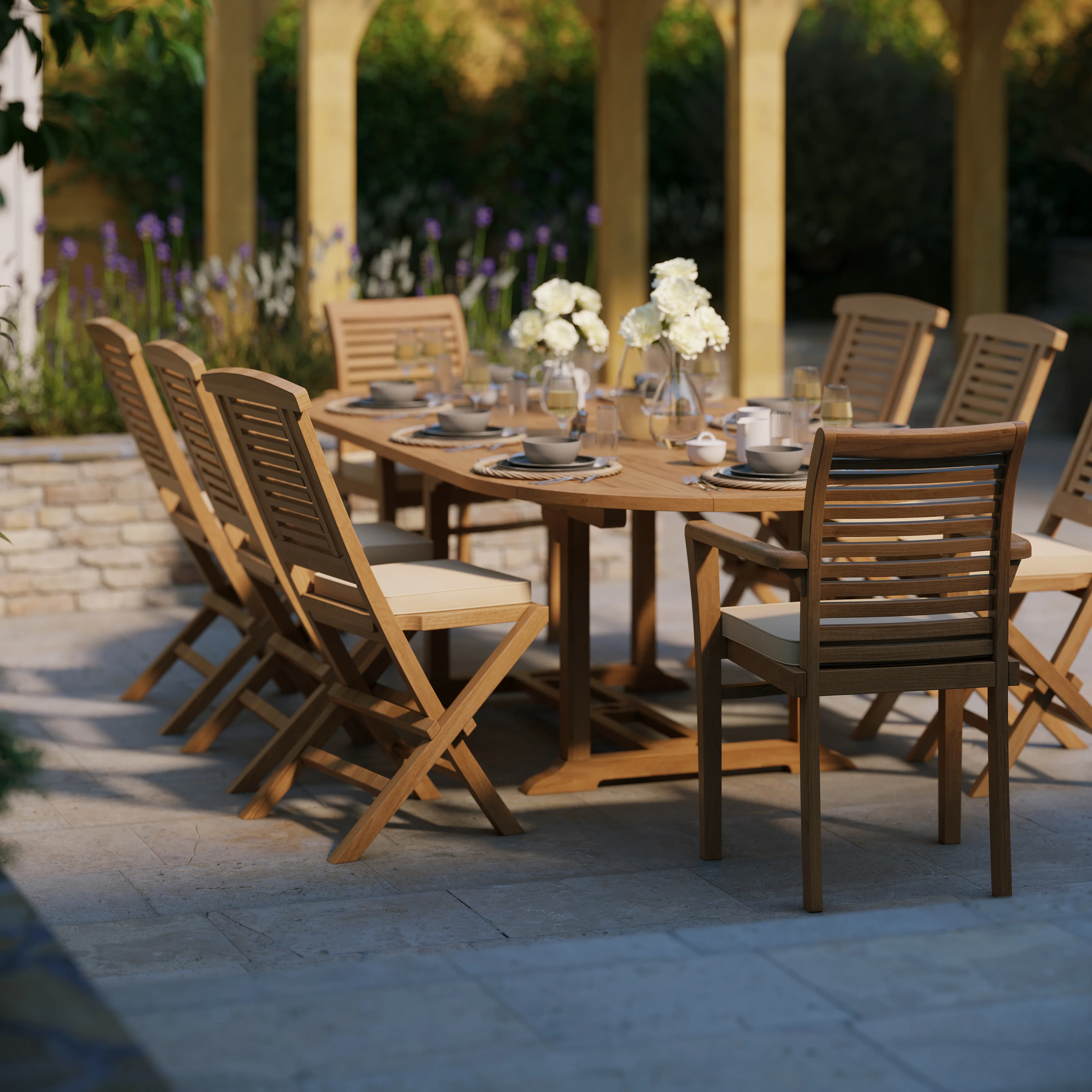 8 Seater Teak Garden Dining Set – 180–240cm Oval Extending Table with 6 Hampton Folding Chairs & 2 Oxford Stacking Chairs - Image 3