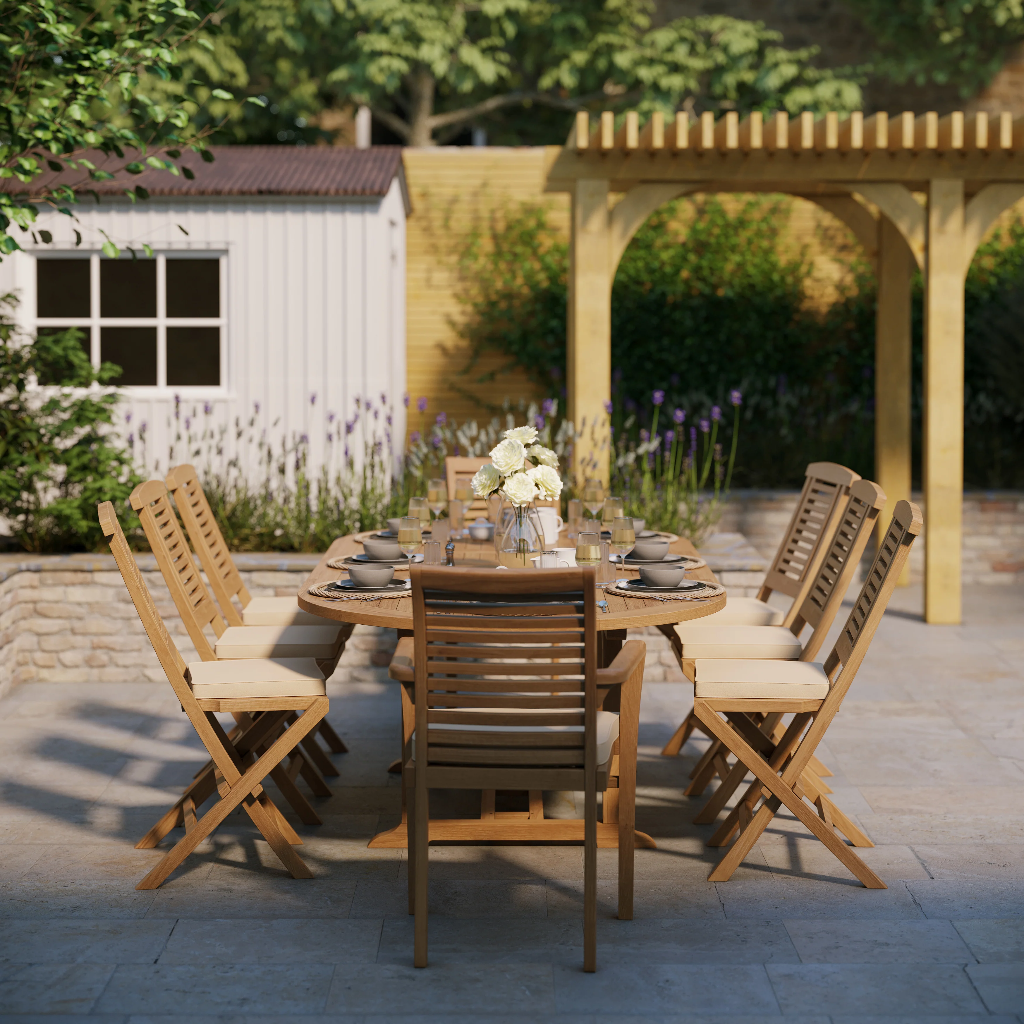 8 Seater Teak Garden Dining Set – 180–240cm Oval Extending Table with 6 Hampton Folding Chairs & 2 Oxford Stacking Chairs - Image 4