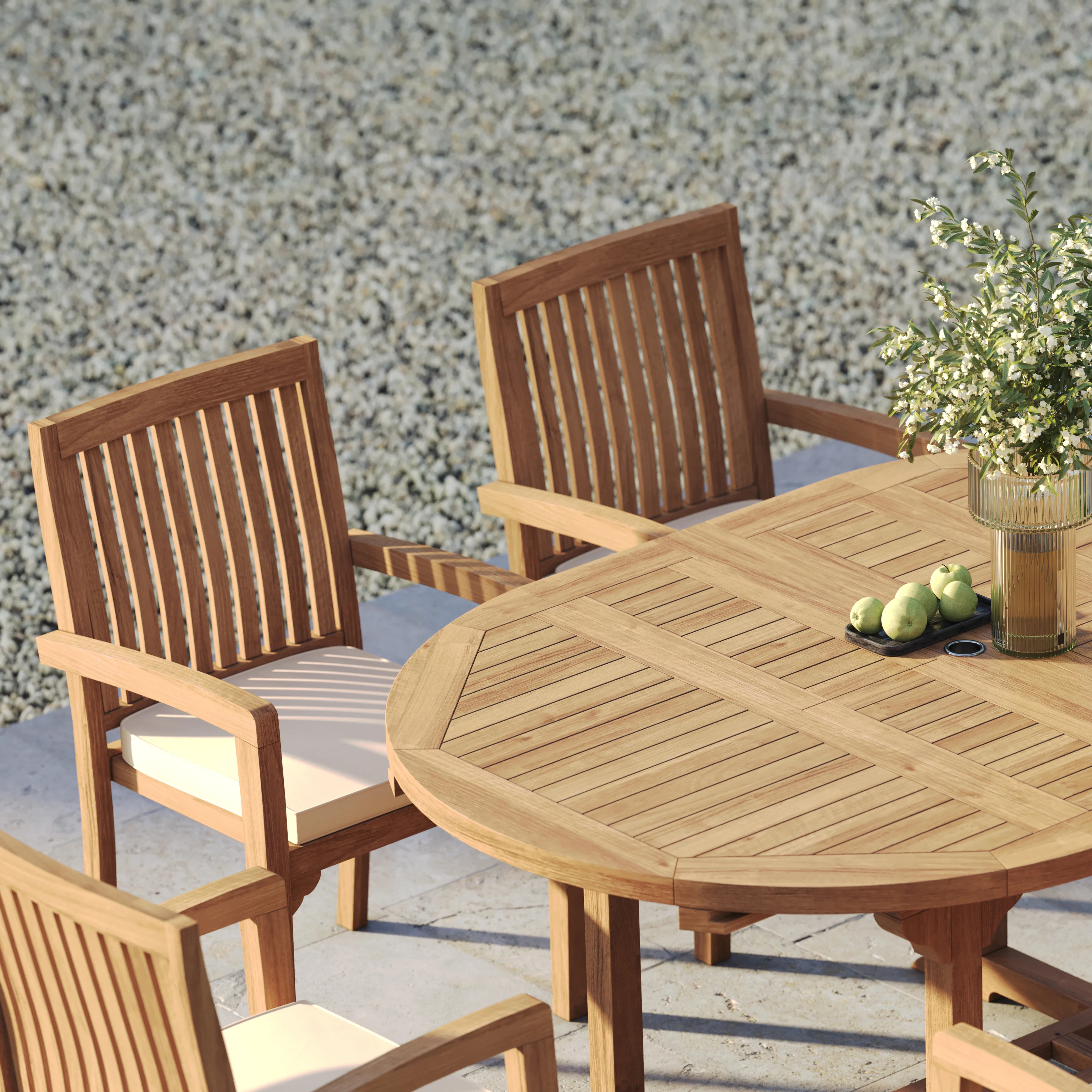 6 Seater Teak Garden Dining Set – 120–170cm Round-to-Oval Extending Table, 4cm Top with Henley Stacking Chairs - Image 11