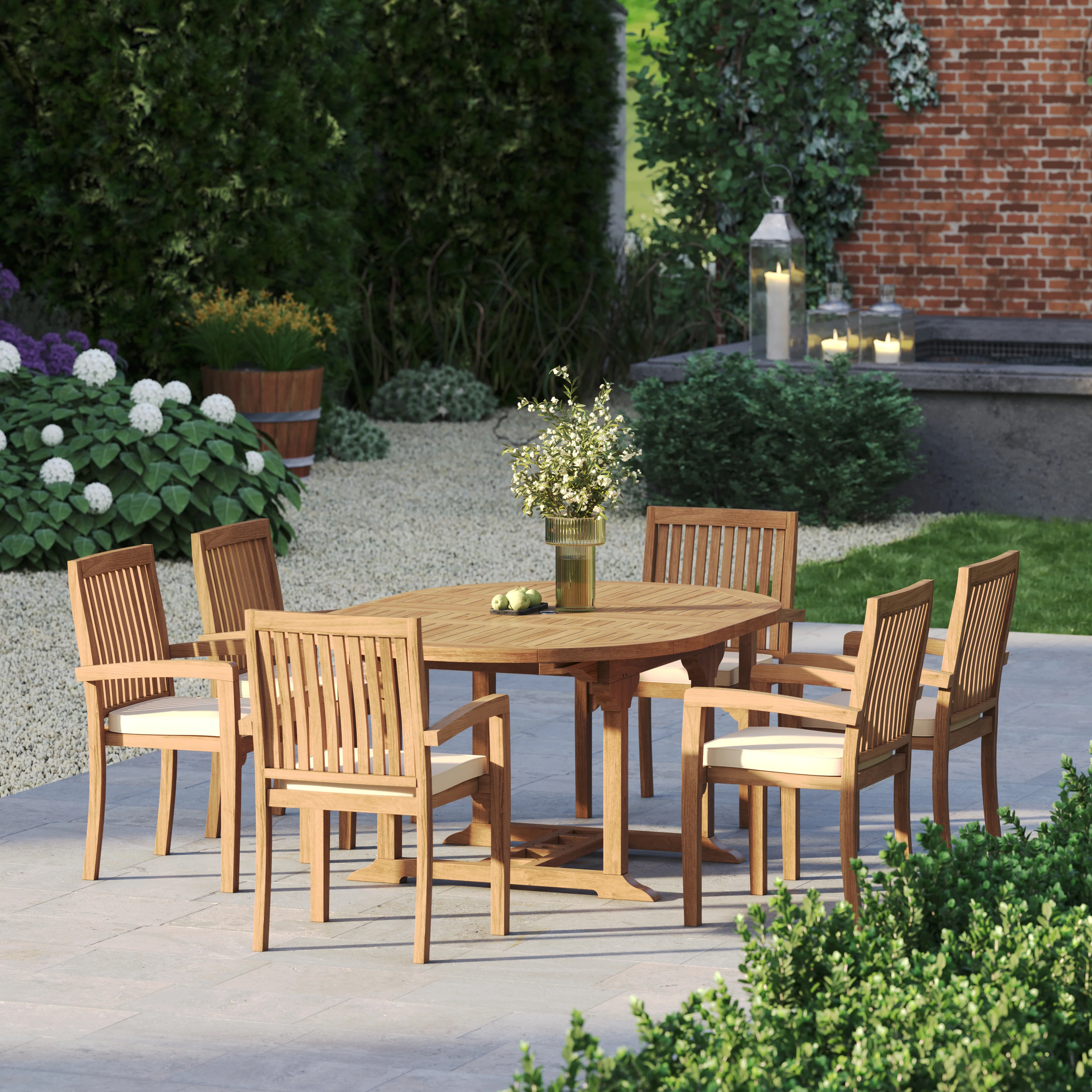 6 Seater Teak Garden Dining Set – 120–170cm Round-to-Oval Extending Table, 4cm Top with Henley Stacking Chairs - Image 3