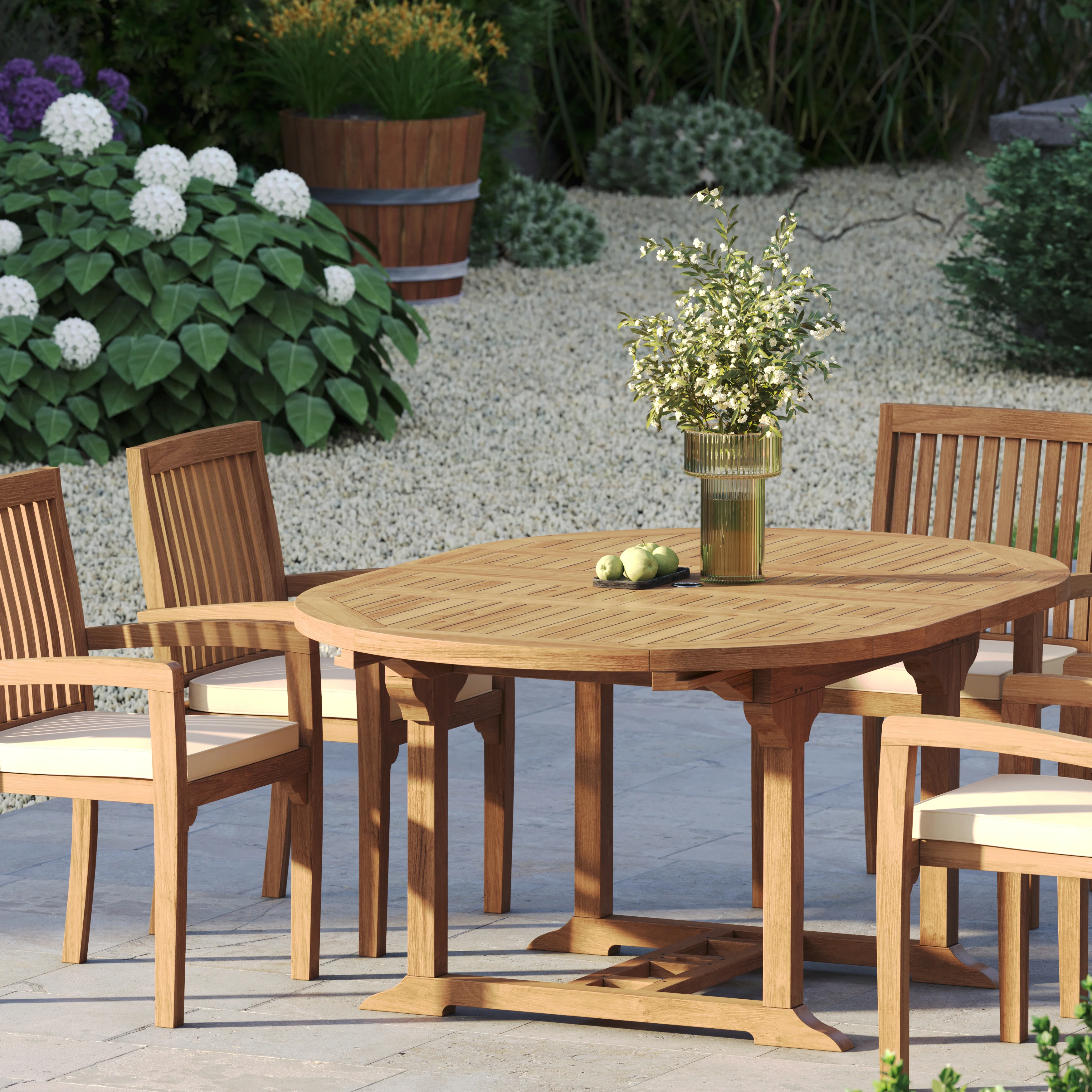 6 Seater Teak Garden Dining Set – 120–170cm Round-to-Oval Extending Table, 4cm Top with Henley Stacking Chairs - Image 4