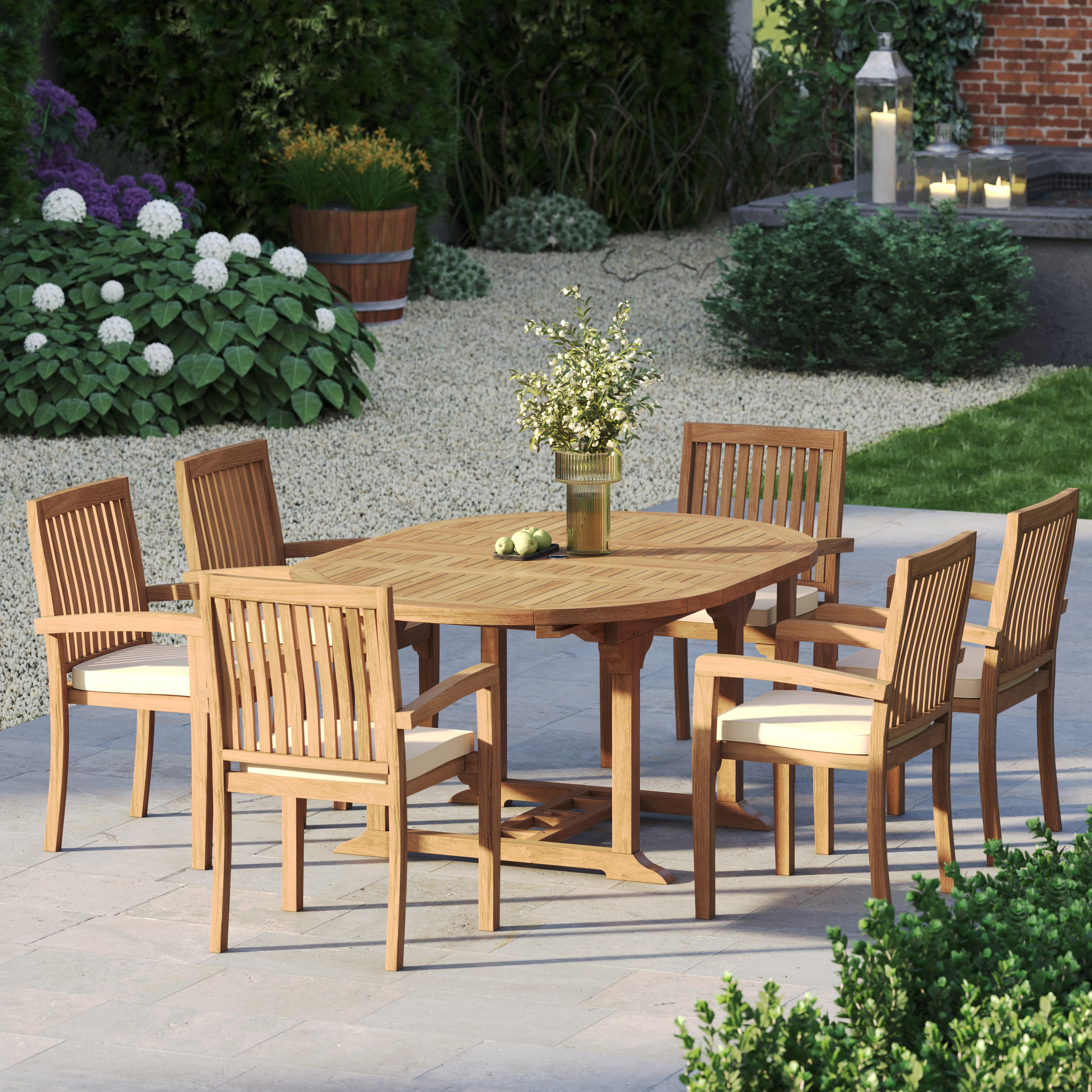 6 Seater Teak Garden Dining Set – 120–170cm Round-to-Oval Extending Table, 4cm Top with Henley Stacking Chairs - Image 5