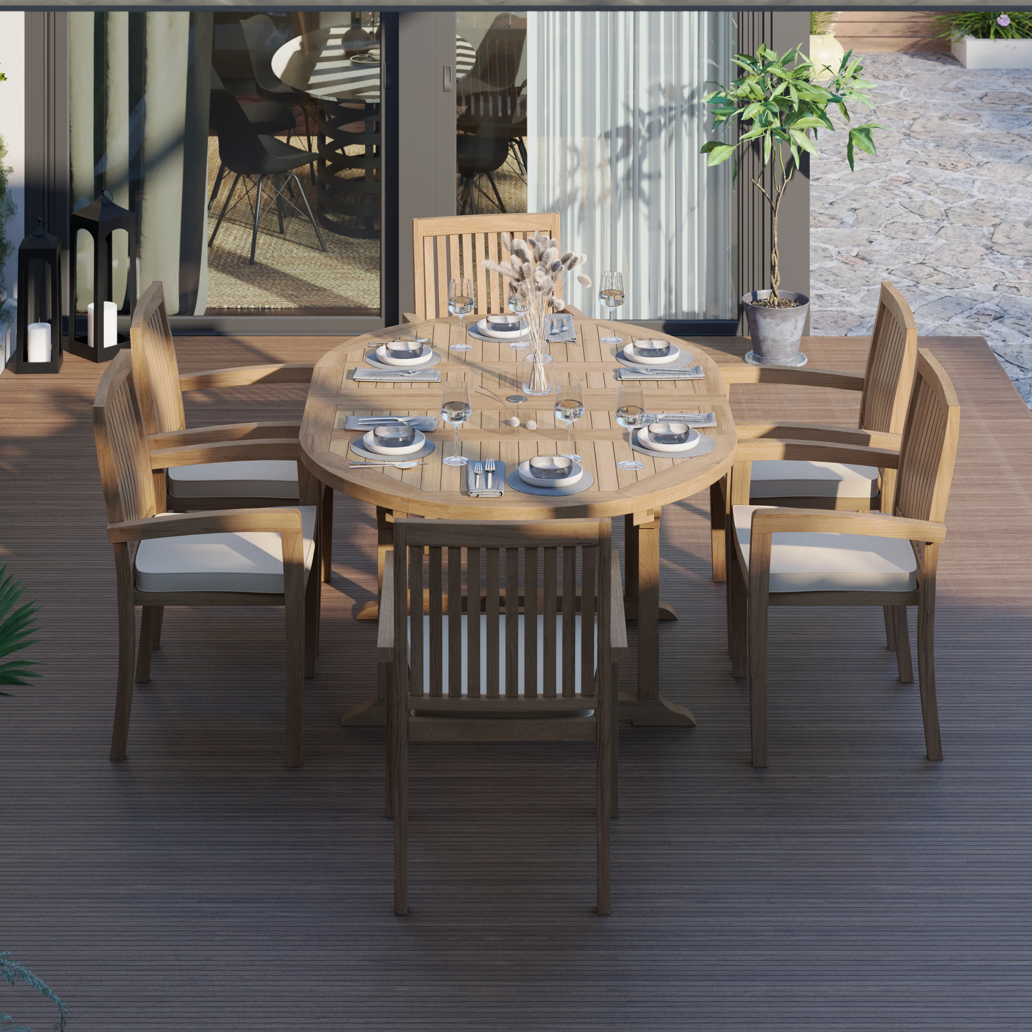 6 Seater Teak Garden Dining Set – 120–170cm Round-to-Oval Extending Table, 4cm Top with Henley Stacking Chairs - Image 6