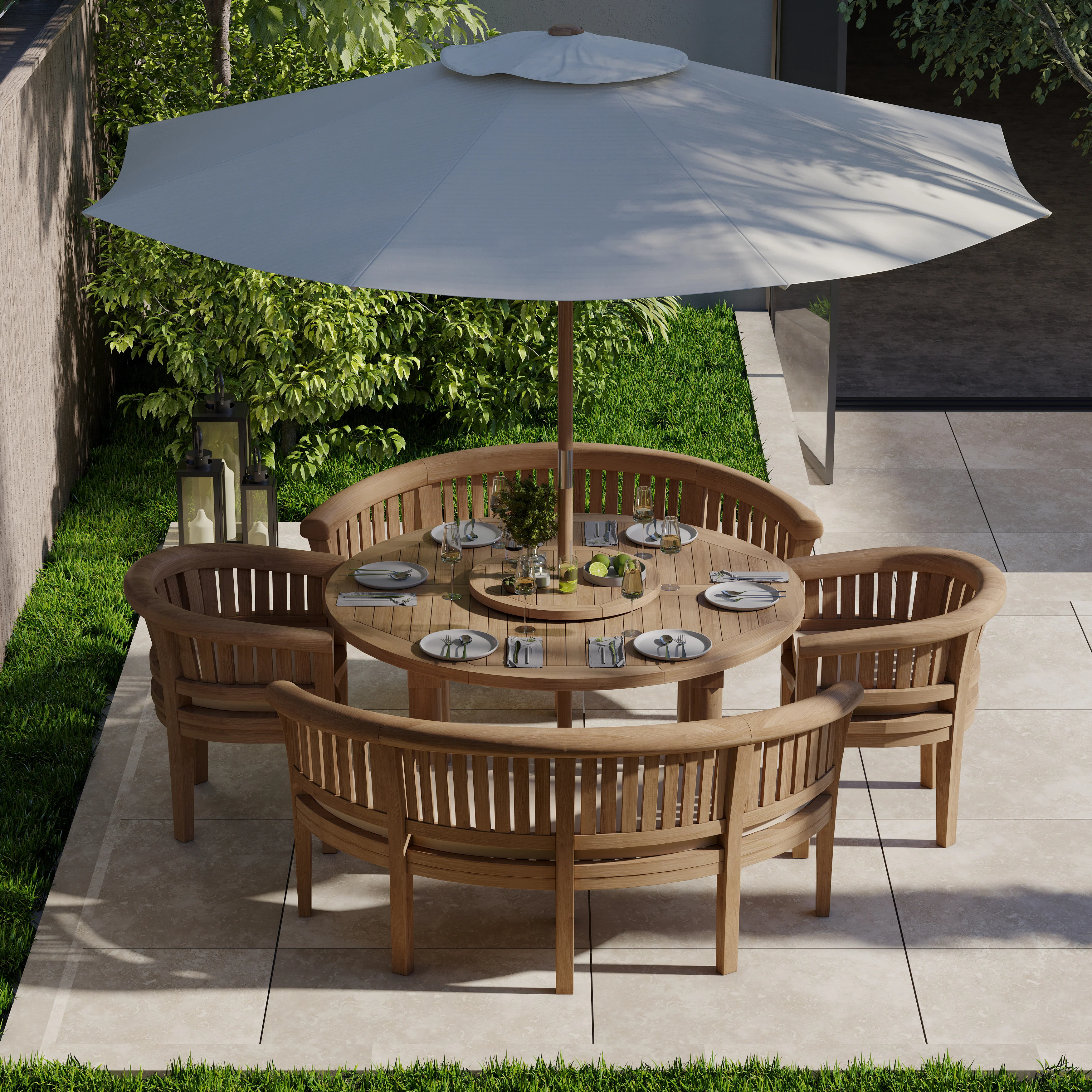 6 Seater Teak Garden Dining Set – 150cm Maximus Round Table, 4cm Top with 2 San Francisco Benches & 2 San Francisco Chairs