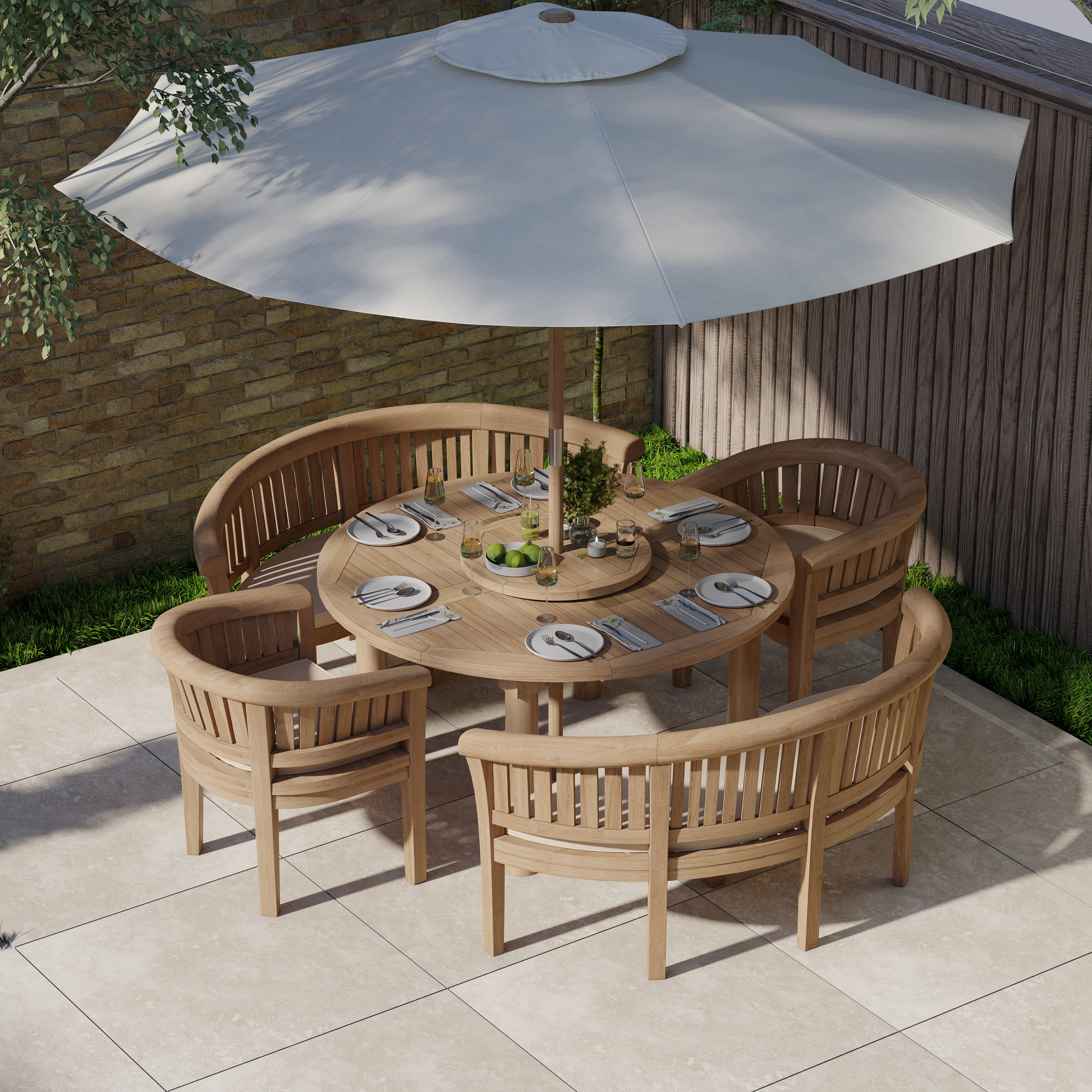 6 Seater Teak Garden Dining Set – 150cm Maximus Round Table, 4cm Top with 2 San Francisco Benches & 2 San Francisco Chairs - Image 2