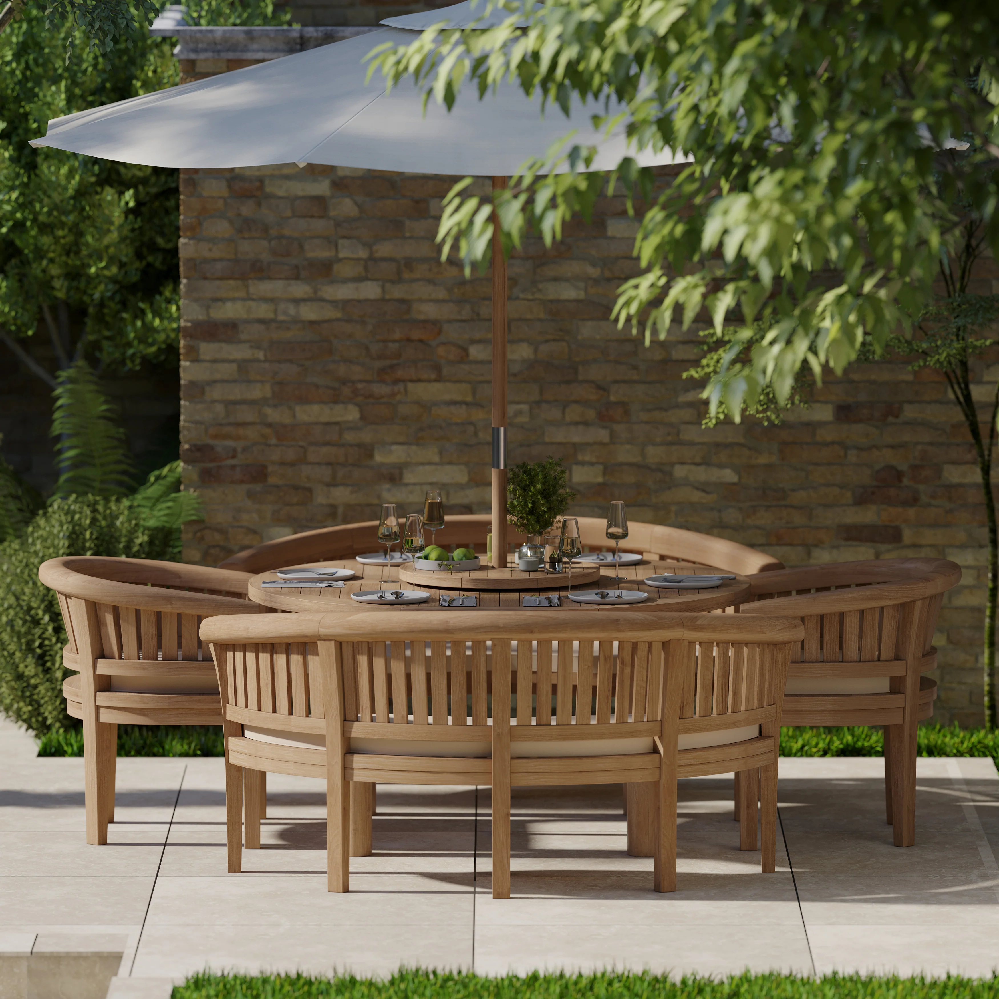 6 Seater Teak Garden Dining Set – 150cm Maximus Round Table, 4cm Top with 2 San Francisco Benches & 2 San Francisco Chairs - Image 3