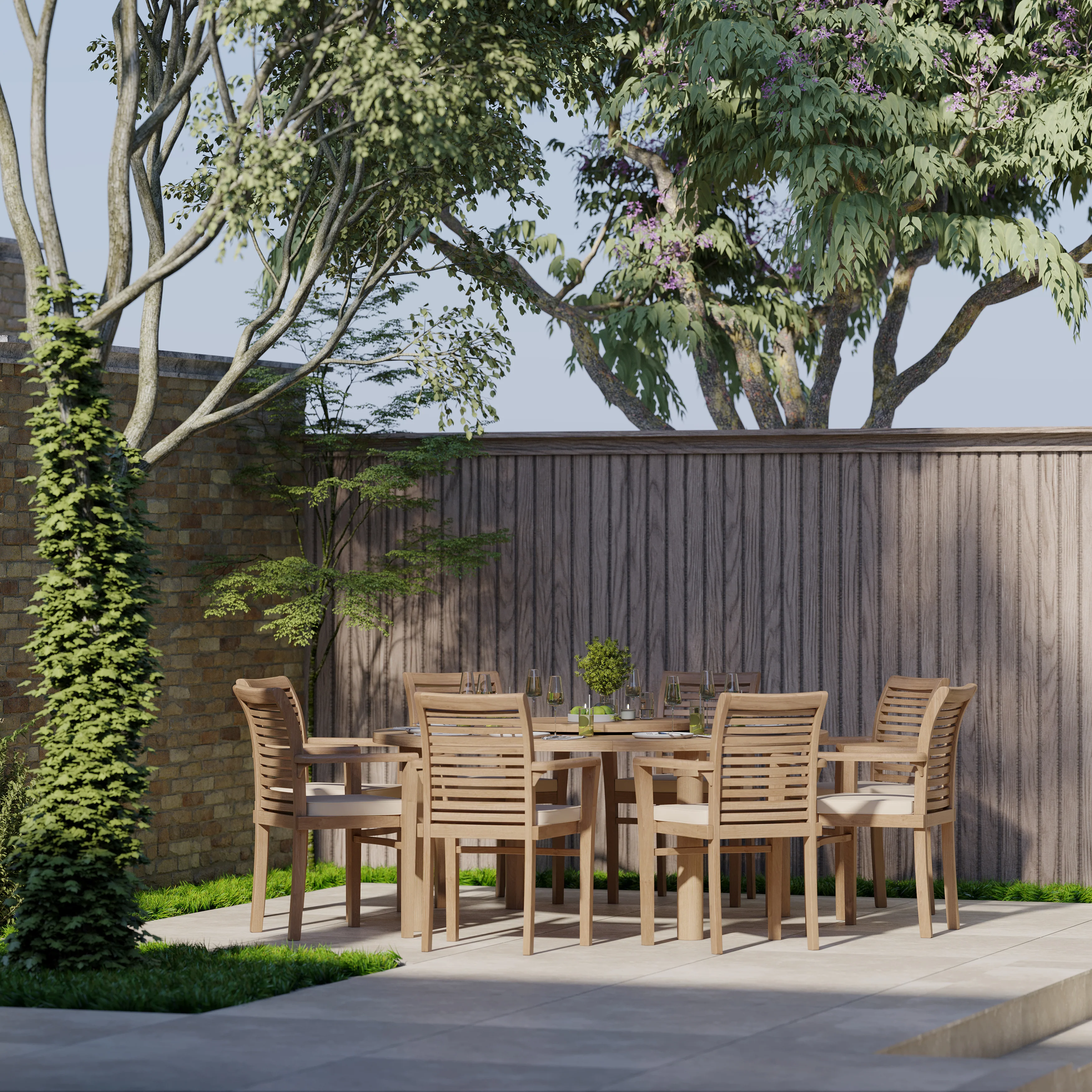 8 Seater Teak Garden Dining Set – 180cm Maximus Round Table, 4cm Top with Oxford Stacking Chairs - Image 2