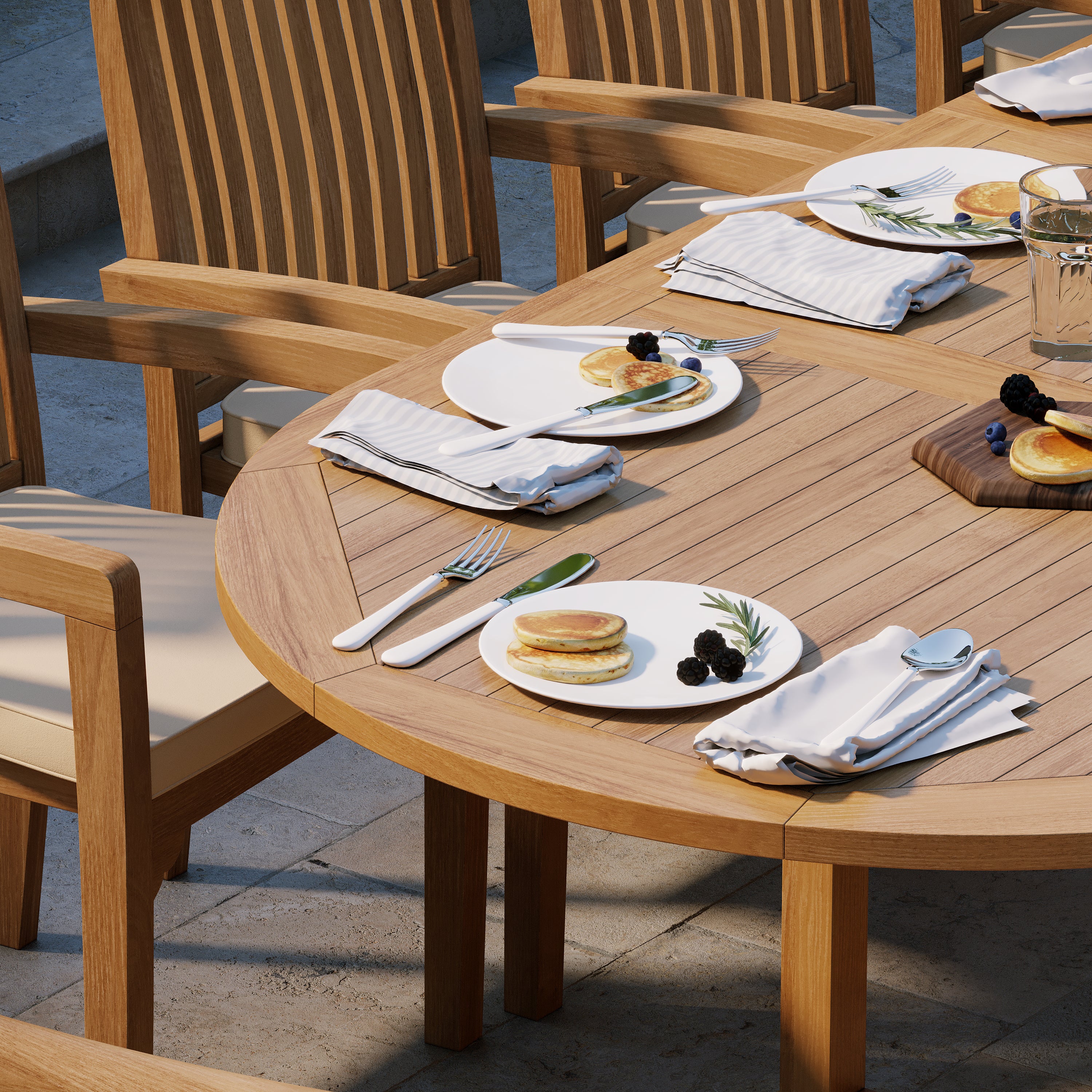 12 Seater Teak Garden Dining Set – 2–3m Oval Extending Table, 4cm Top with 8 Henley Stacking Chairs & 2 San Francisco Benches - Image 3
