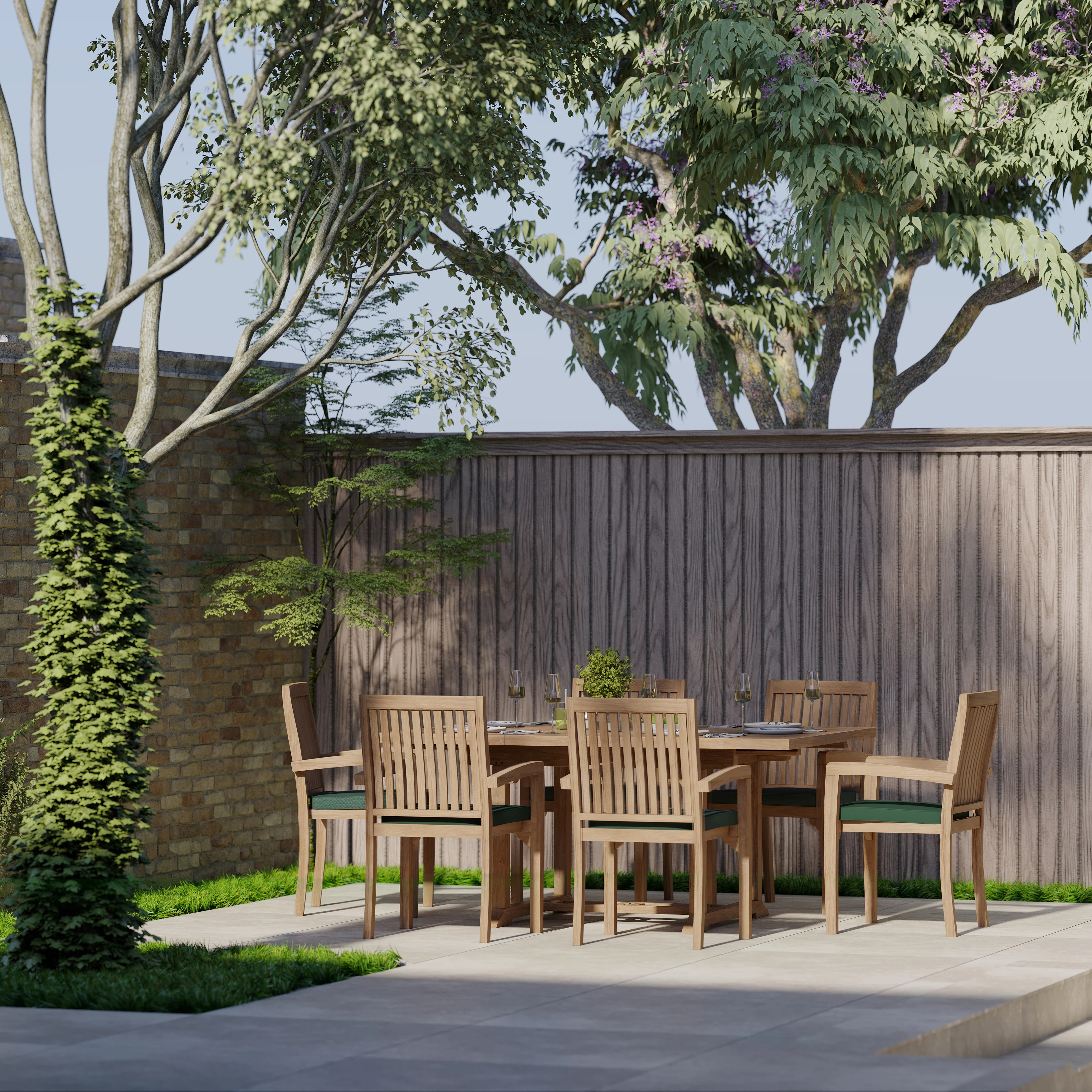 6 Seater Teak Garden Dining Set – 120–170cm Square-to-Rectangular Extending Table, 4cm Top with Henley Stacking Chairs - Image 3