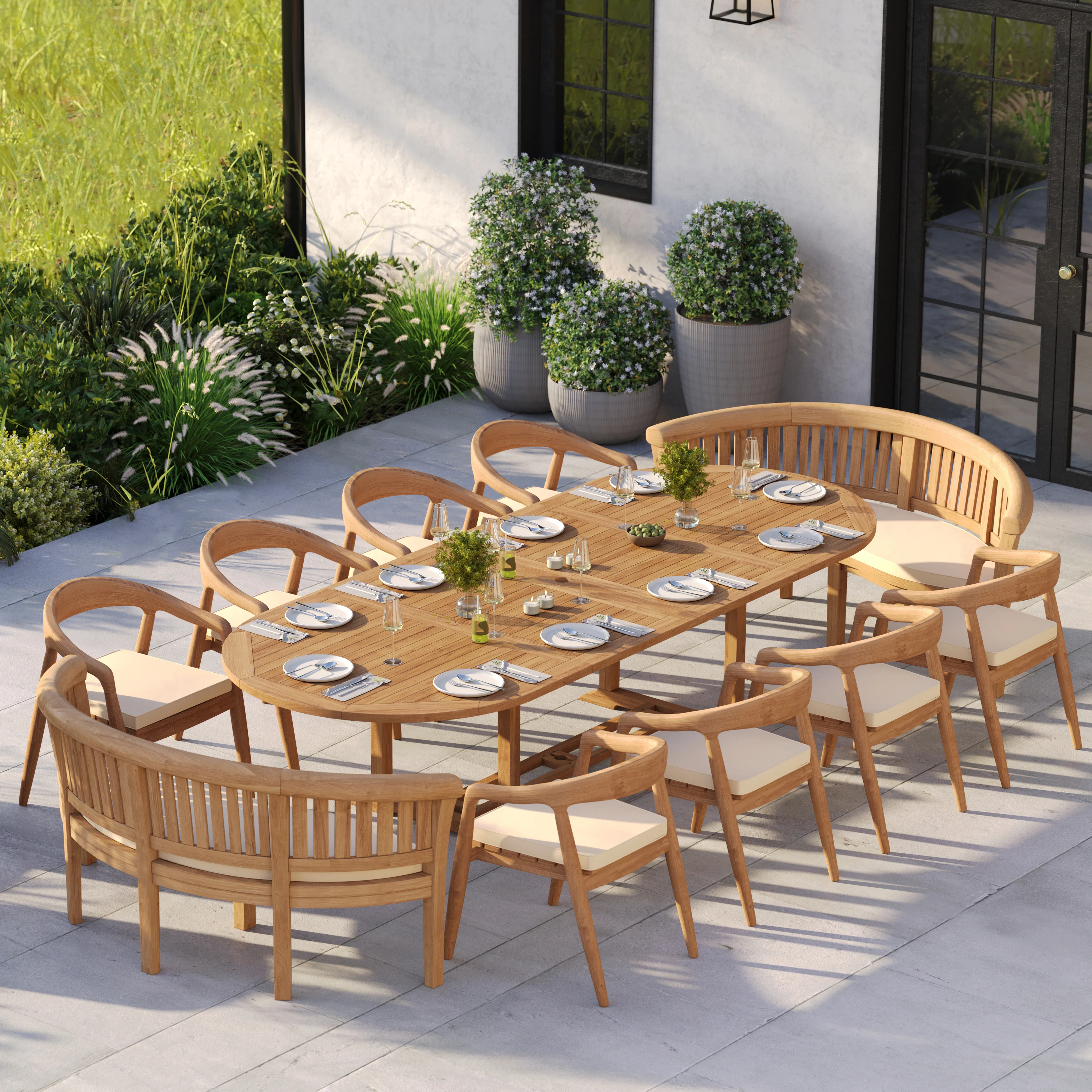 12 Seater Teak Garden Dining Set – 2–3m Oval Extending Table, 4cm Top with 8 Sydney Chairs & 2 San Francisco Benches