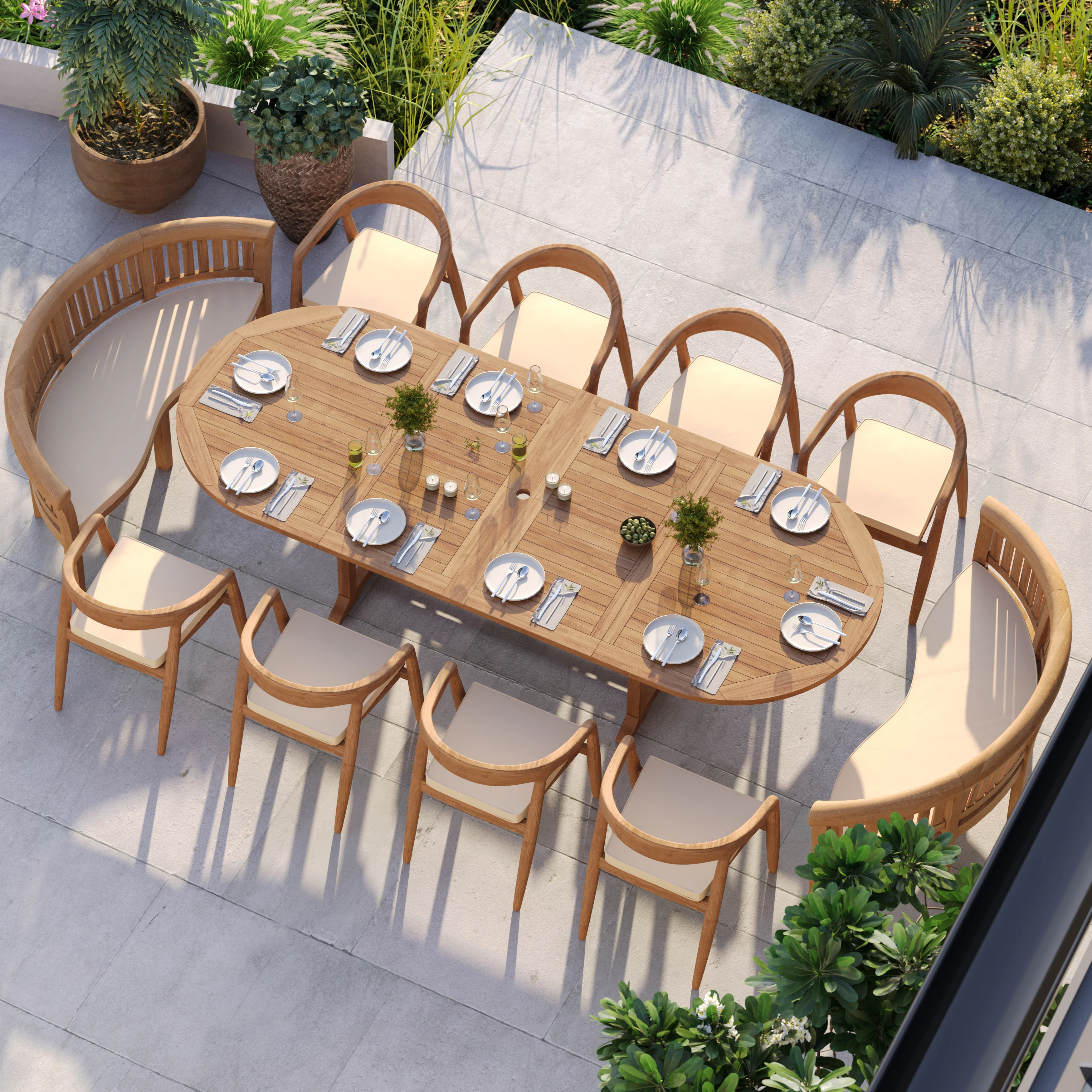 12 Seater Teak Garden Dining Set – 2–3m Oval Extending Table, 4cm Top with 8 Sydney Chairs & 2 San Francisco Benches - Image 2
